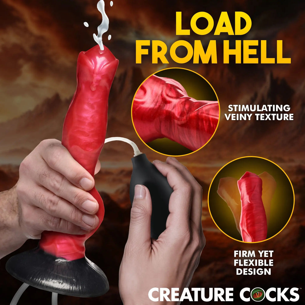 Creature Cocks Hell Hound red, veiny silicone dildo being squeezed by a pump, with liquid squirting from the tip.