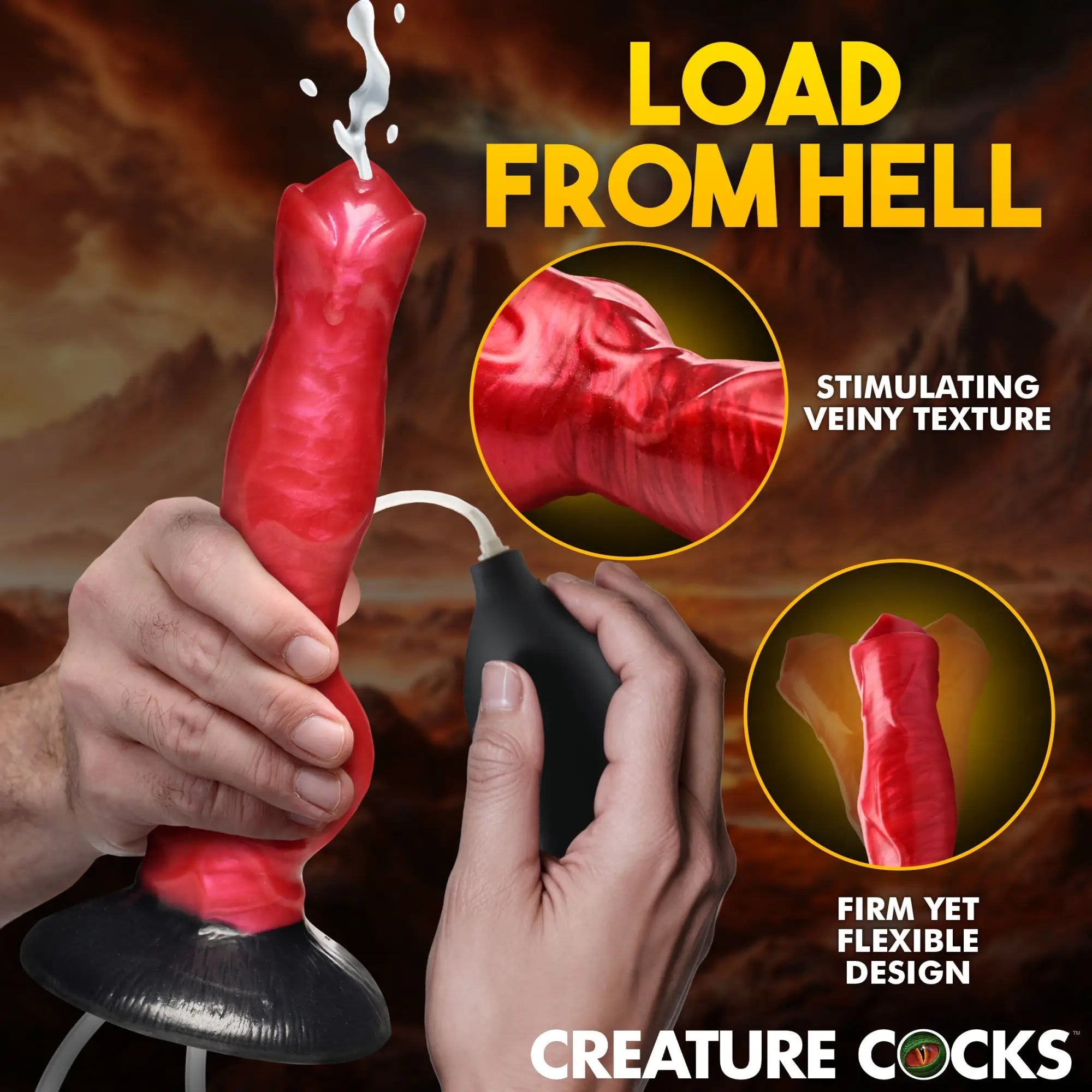 Creature Cocks Hell Hound red, veiny silicone dildo being squeezed by a pump, with liquid squirting from the tip.