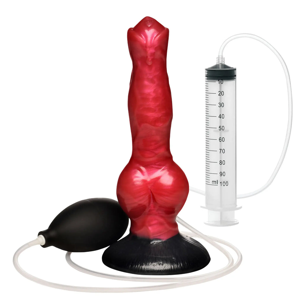 Creature Cocks Hell Hound red, textured silicone squirting dildo with black base, hand pump, and 100ml syringe.