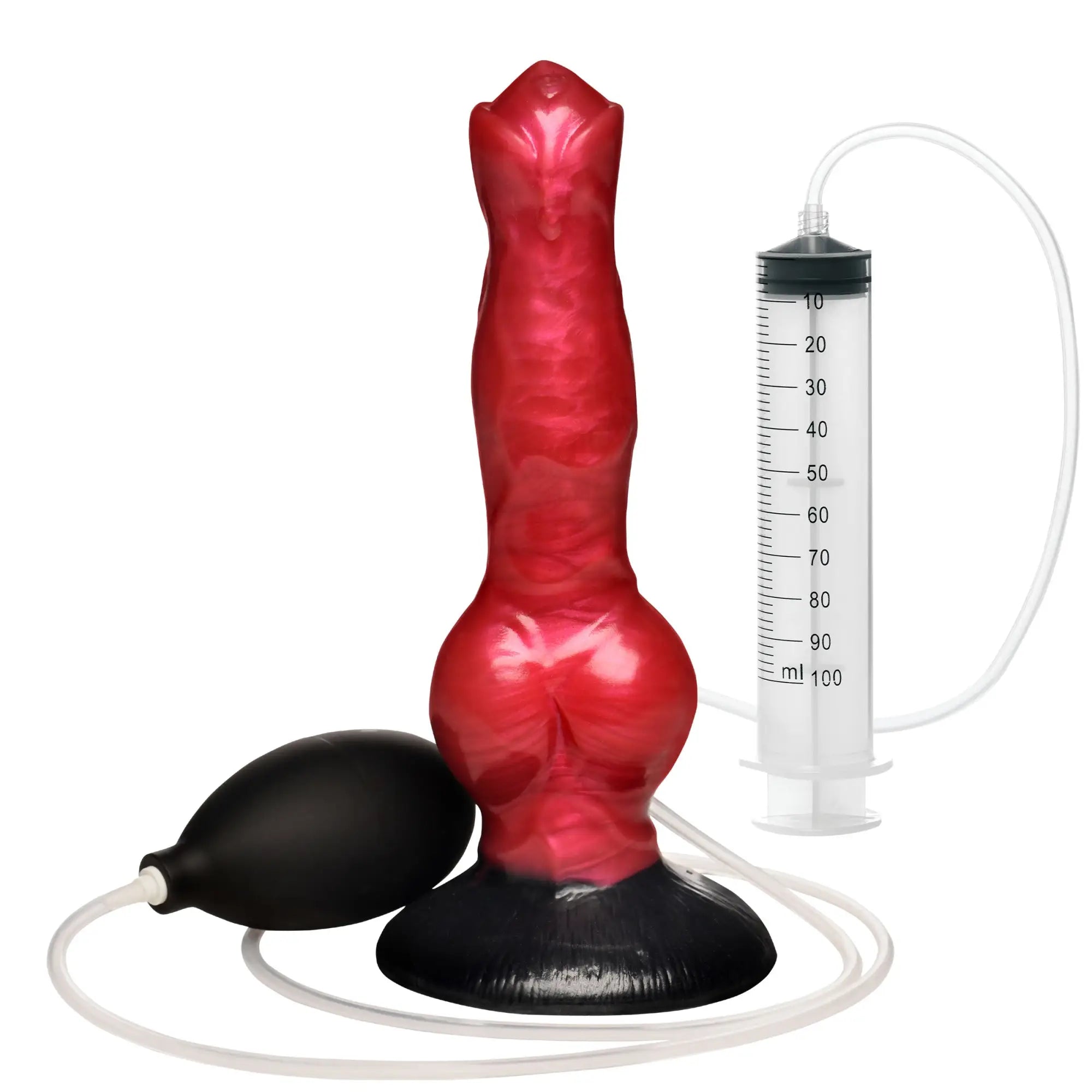 Creature Cocks Hell Hound red, textured silicone squirting dildo with black base, hand pump, and 100ml syringe.