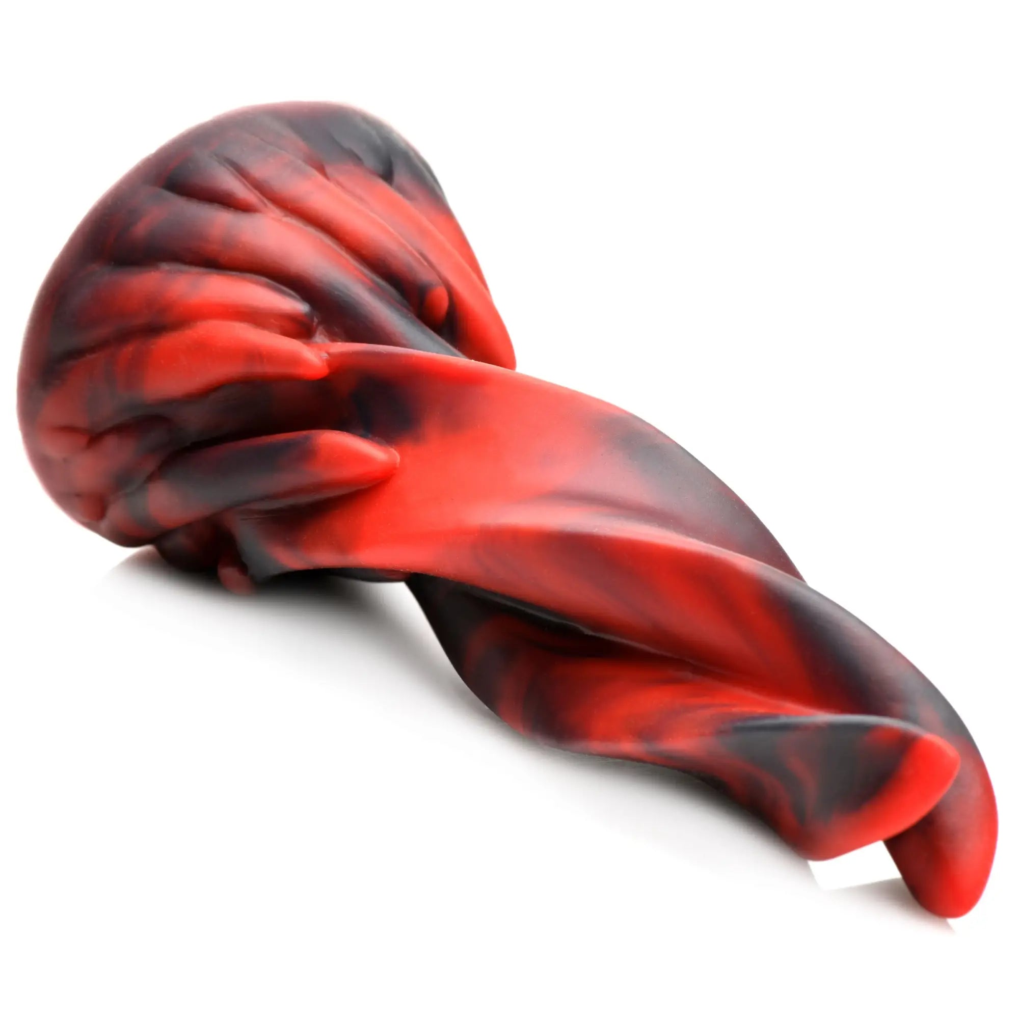 Creature Cocks Hell Kiss silicone dildo in a twisted, tentacle-like design with a red and black marbled pattern.