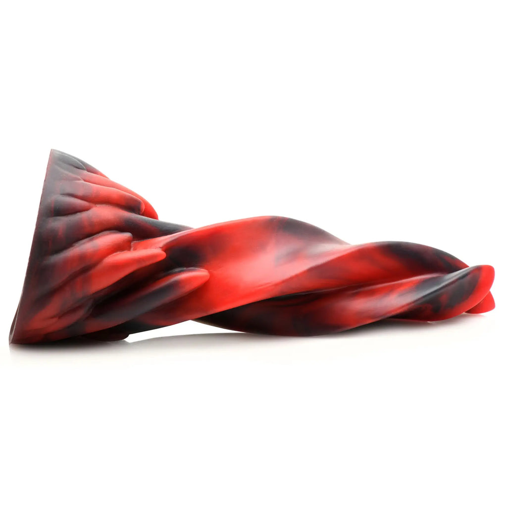 Creature Cocks Hell Kiss Twisted Tongues silicone dildo in a marbled red and black spiral design against a white background.