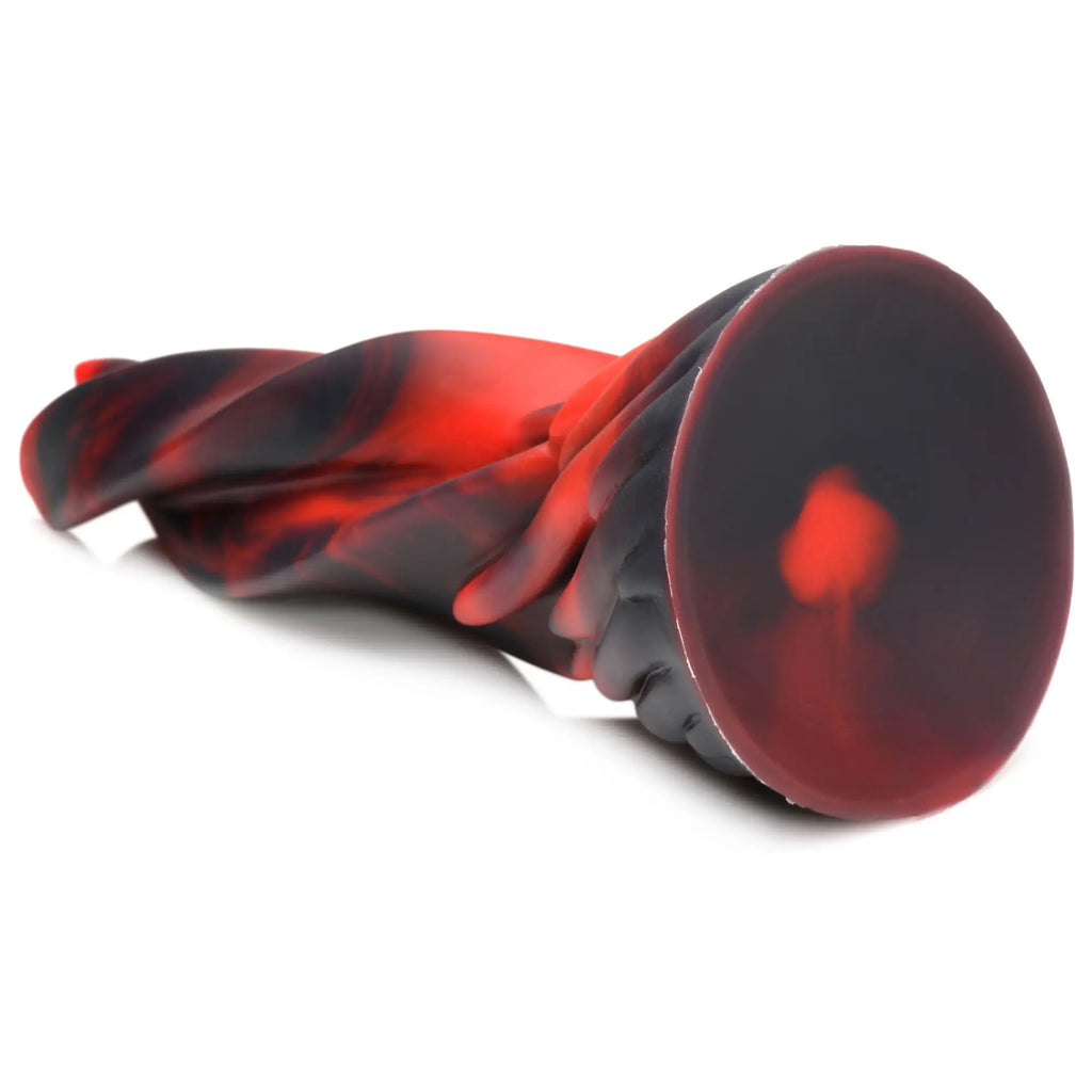 Creature Cocks Hell Kiss twisted silicone dildo in a black and red marbled swirl pattern with a flat suction base.