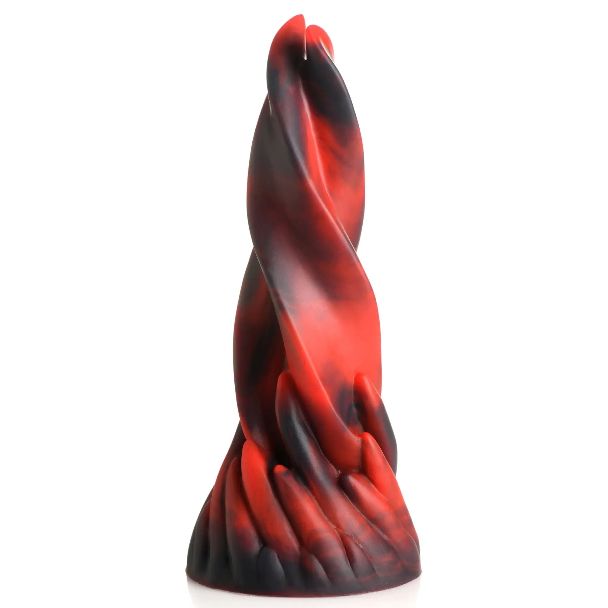 Creature Cocks Hell Kiss silicone dildo with a red and black marbled, twisted, multi-tongue spiral design.