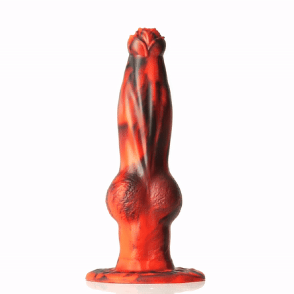 Creature Cocks Hell Wolf silicone dildo in red and black marbled, textured fantasy style with a suction cup base.