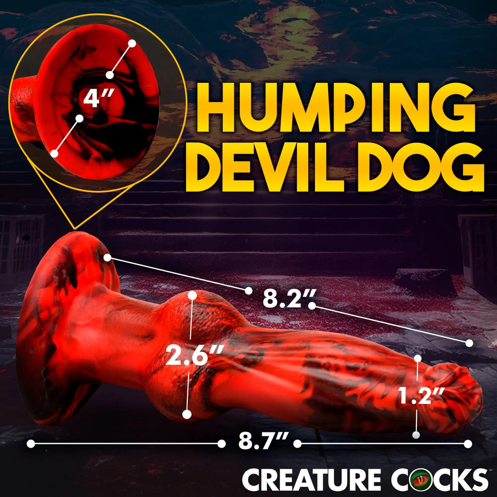 Creature Cocks Hell Wolf dildo: red and black marbled silicone, textured phallic design with labeled dimensions.