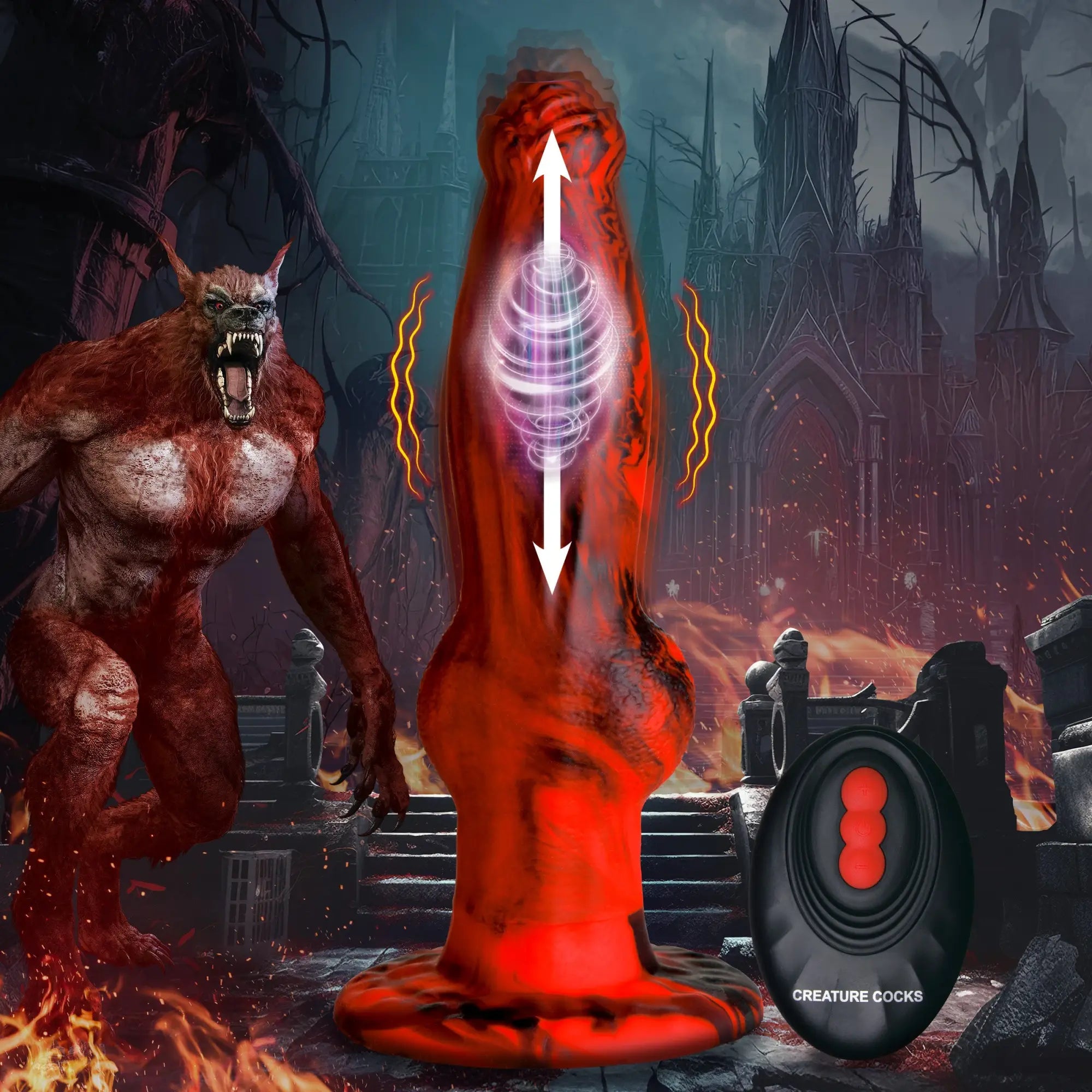 Creature Cocks Hell Wolf red and black marbled silicone thrusting dildo with remote, set against a dark fantasy background.