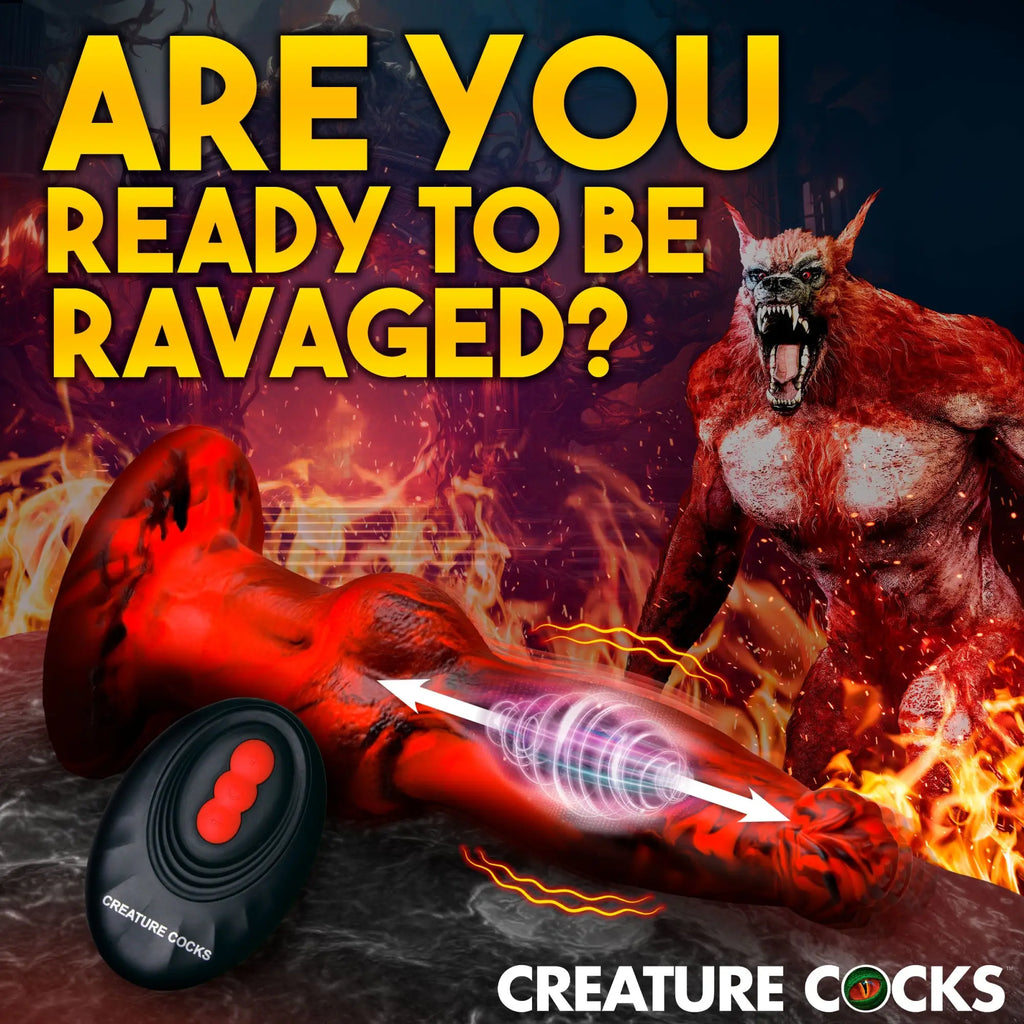 Creature Cocks Hell Wolf red silicone dildo with thrusting vibration feature, shown next to a black remote control.