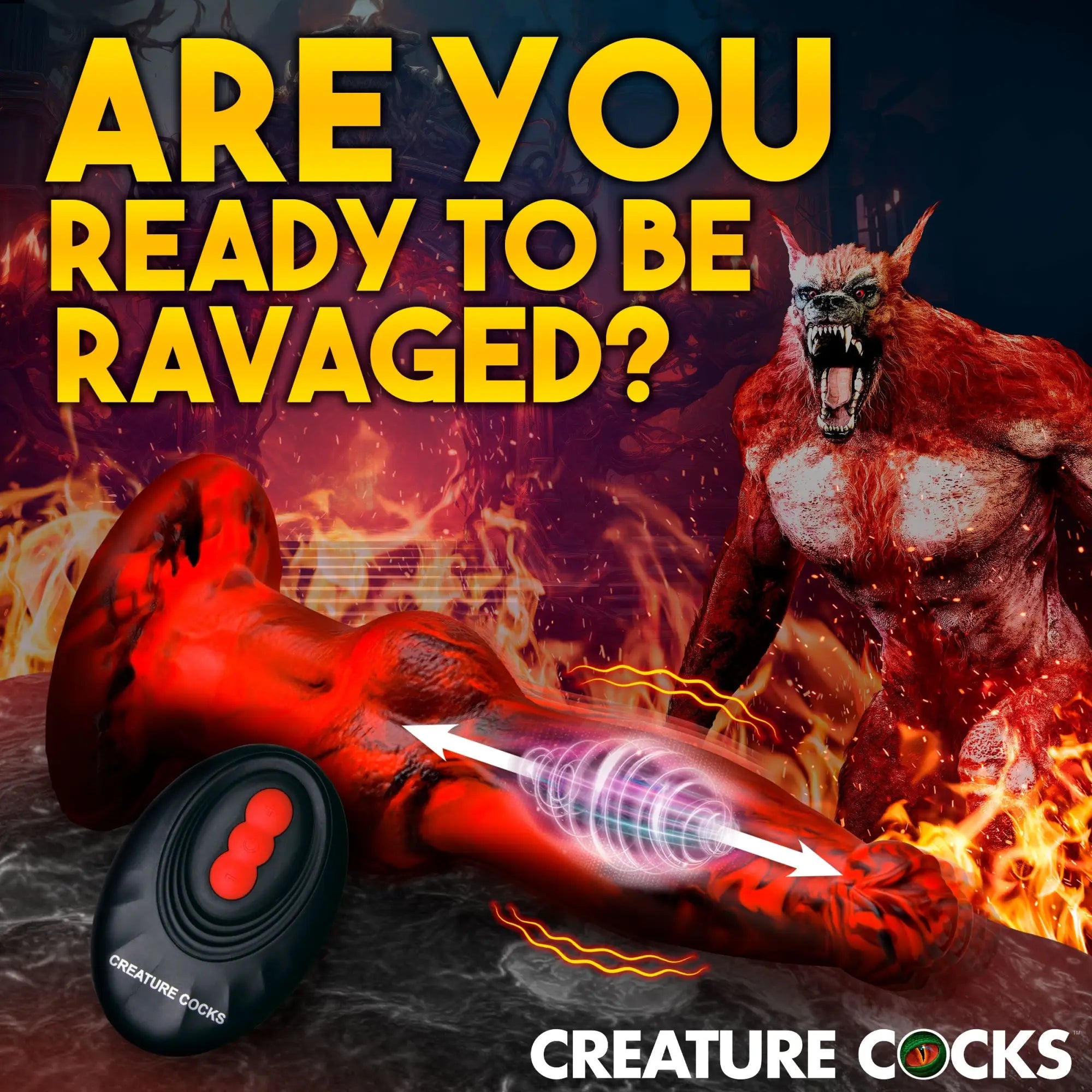 Creature Cocks Hell Wolf red silicone dildo with thrusting vibration feature, shown next to a black remote control.