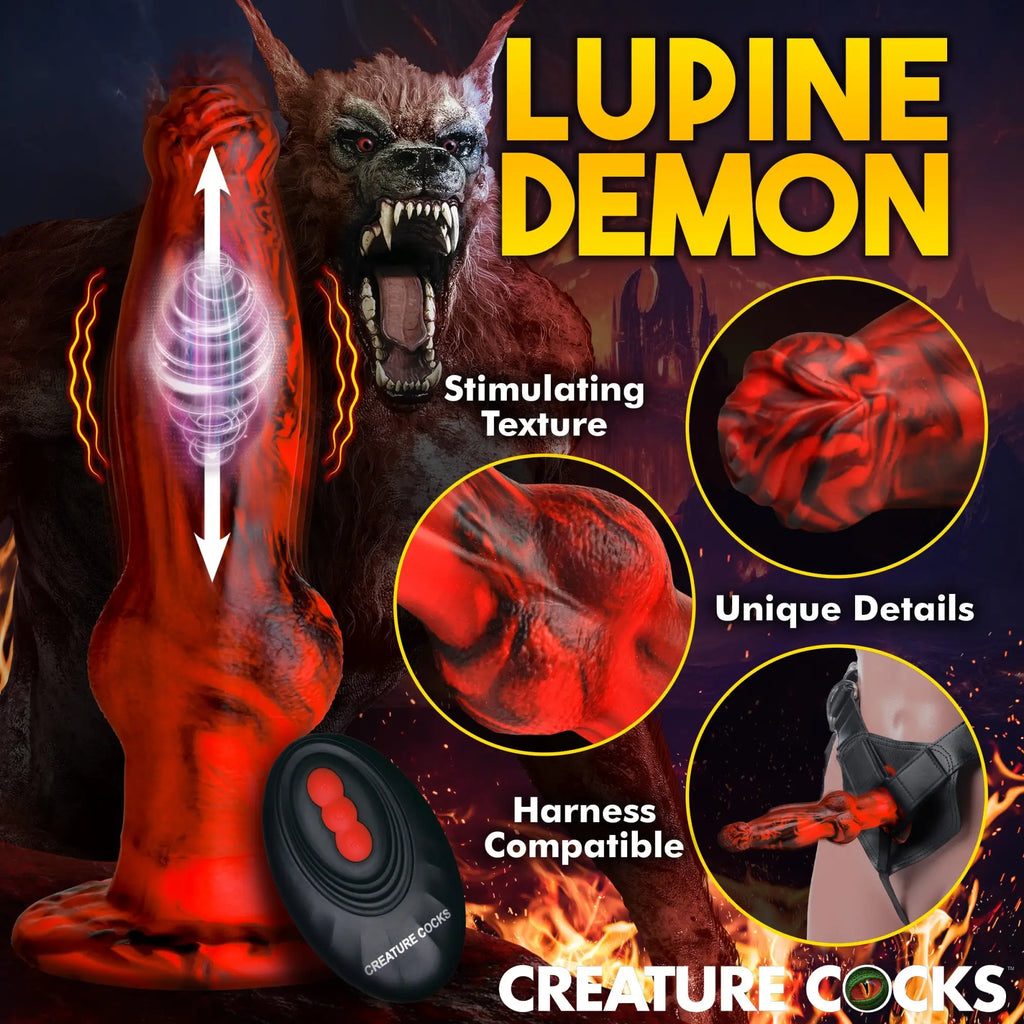 Creature Cocks Hell Wolf dildo: red and black marbled silicone thrusting/vibrating toy with remote and harness options.