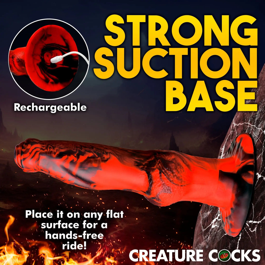 Creature Cocks Hell Wolf red and black marbled silicone dildo with a suction base and charging cable shown.