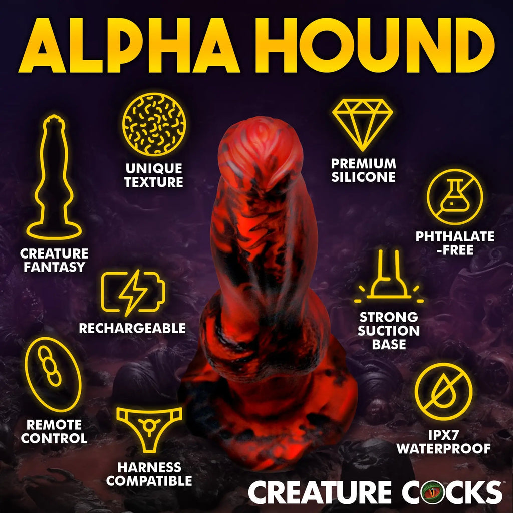 Creature Cocks Hell Wolf dildo: red and black marbled silicone fantasy toy with suction base and text features.