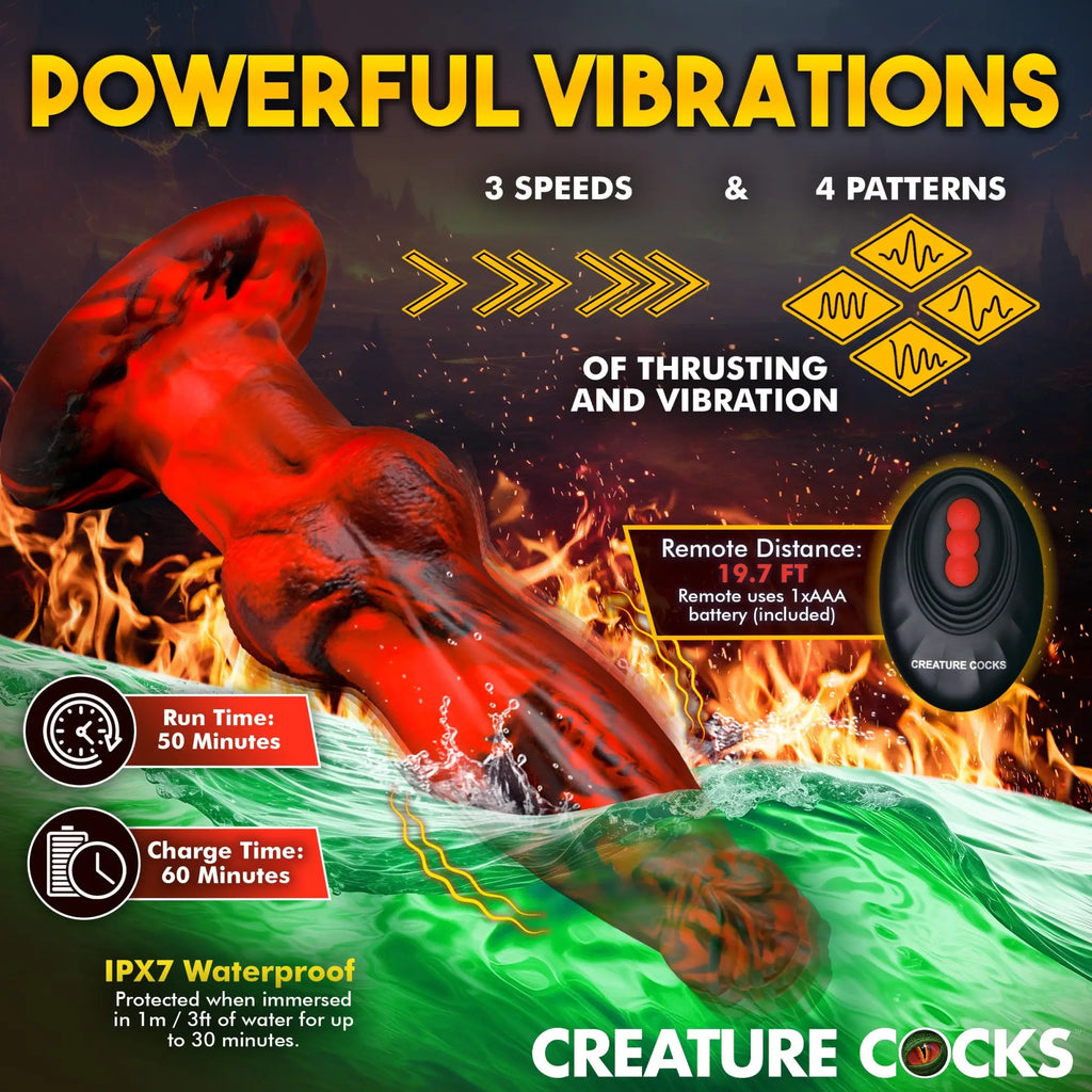 Creature Cocks Hell Wolf red and black silicone dildo with remote, set against a fiery water background.