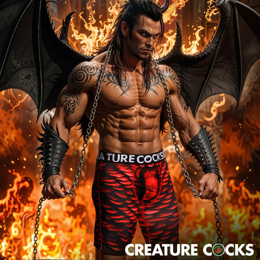 Creature Cocks Horny Devil boxer shorts in red and black scale print worn by a winged demon man with spiked cuffs.