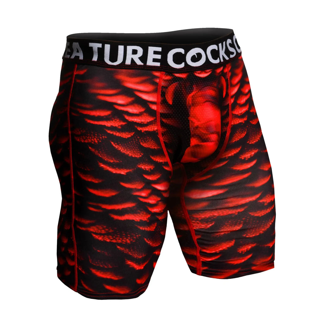 Creature Cocks Horny Devil boxer shorts in black and red with a scaly texture and branded elastic waistband.
