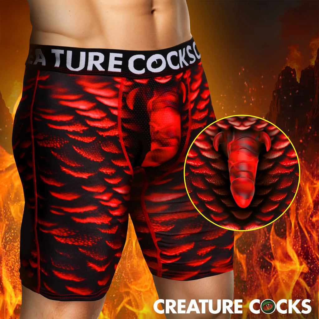 Creature Cocks Horny Devil boxer shorts in red and black scale print with a molded, horn-accented anatomical pouch.