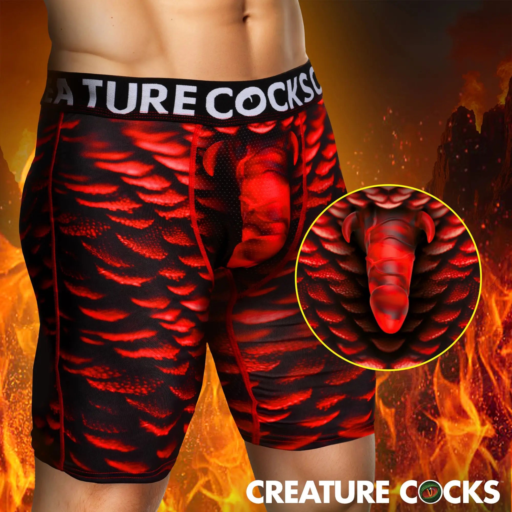 Creature Cocks Horny Devil boxer shorts in red and black scale print with a molded, horn-accented anatomical pouch.