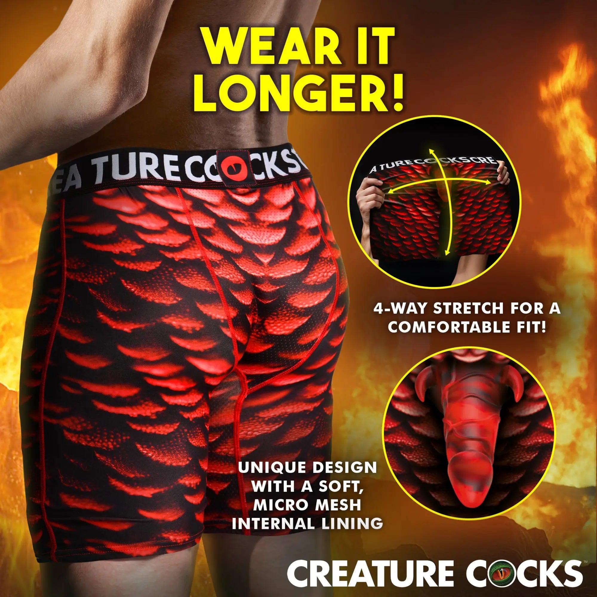 Creature Cocks Horny Devil boxer shorts in red and black scale pattern with micro-mesh lining on a model.