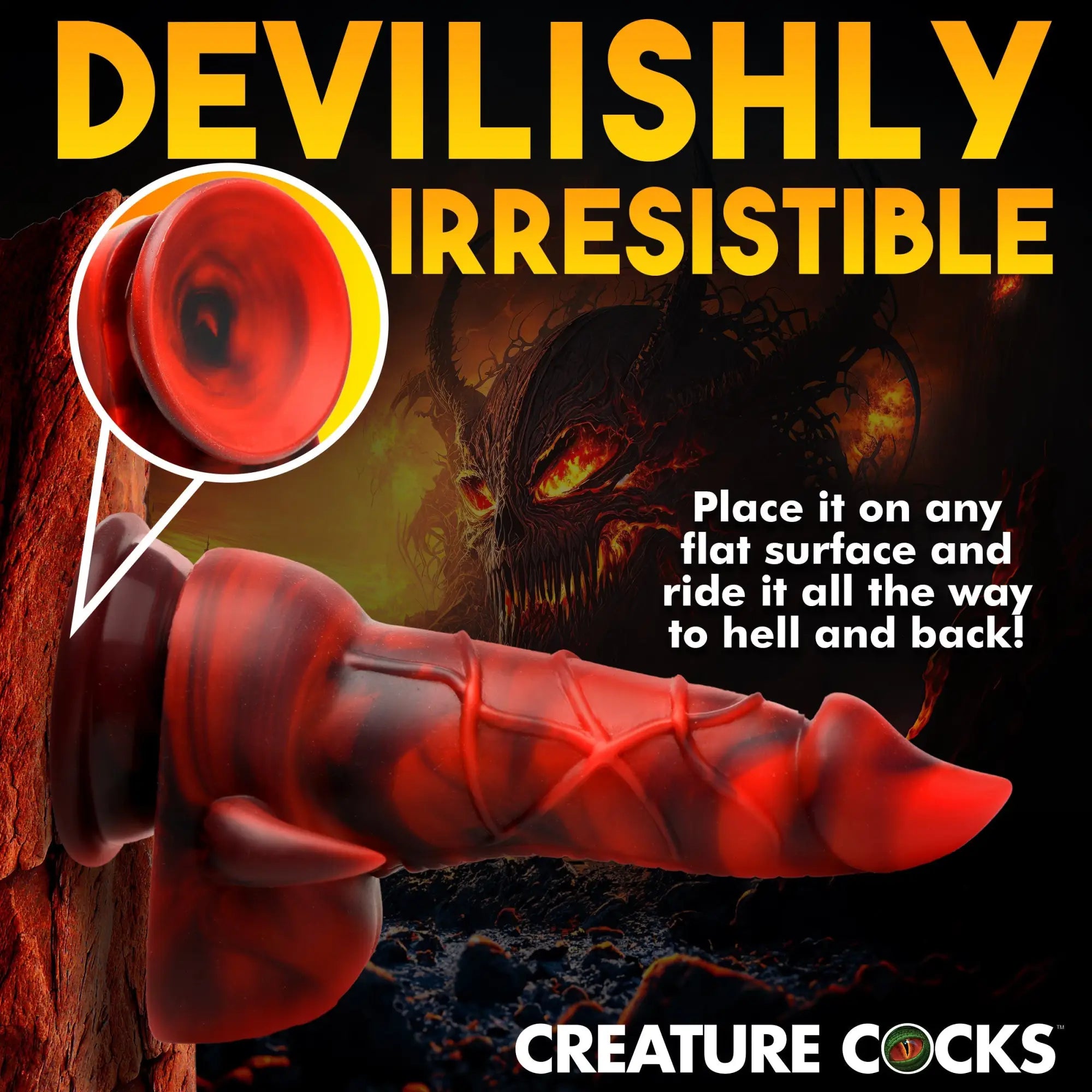Creature Cocks Horny Devil silicone dildo in red and black marbled, textured design with a suction-cup base.