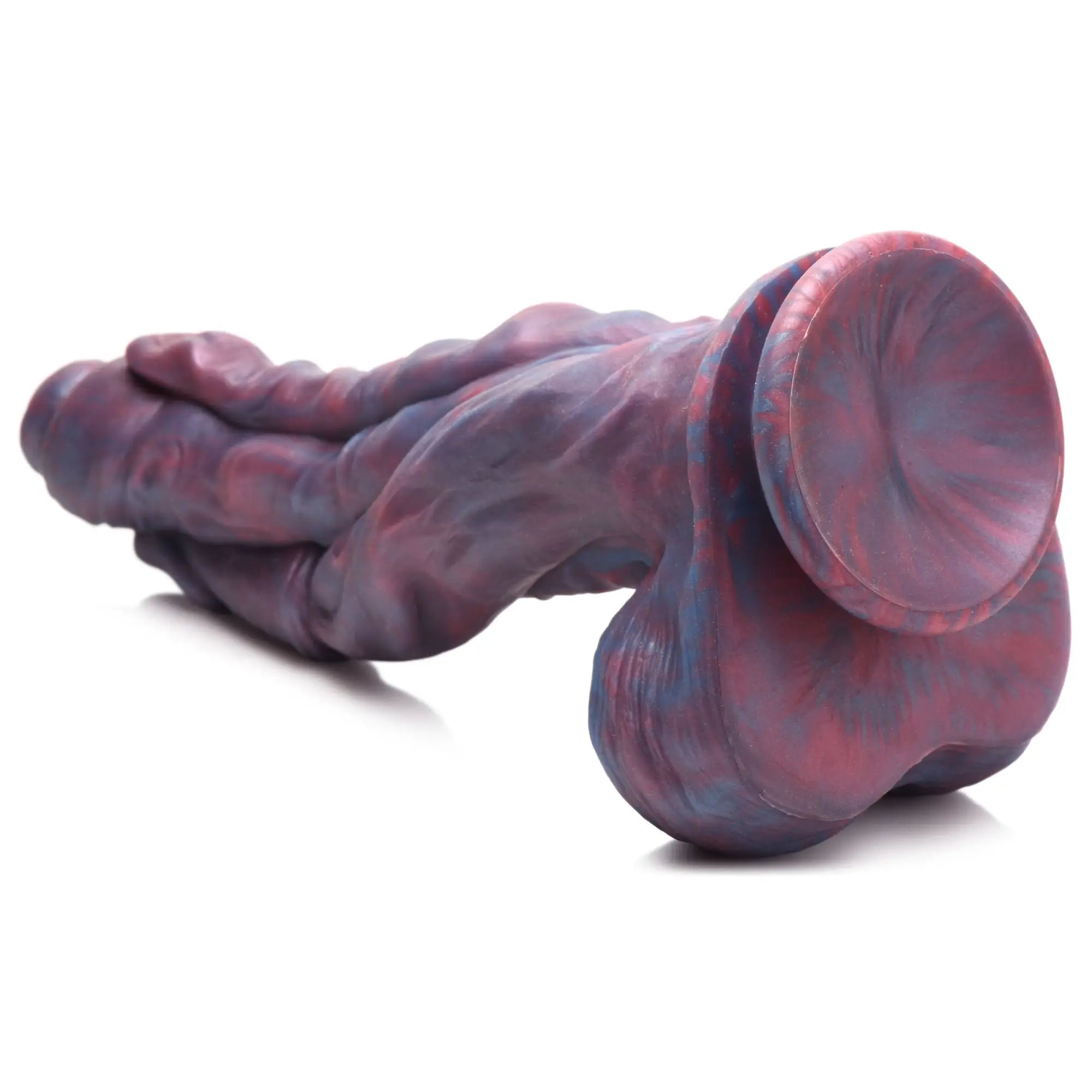 Creature Cocks Hydra silicone dildo in a marbled purple and red finish with a textured, multi-headed monster design.