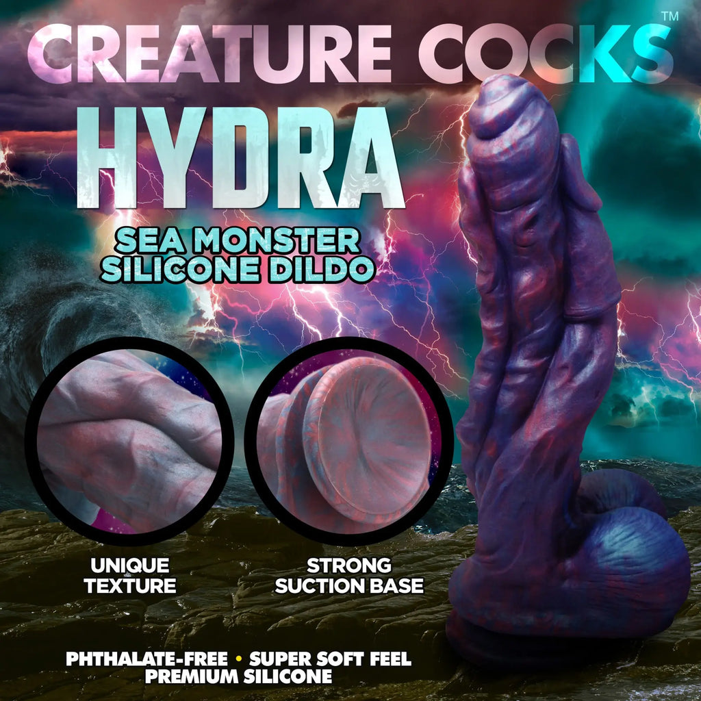 Creature Cocks Hydra: A purple and red textured sea monster silicone dildo with a strong suction base.