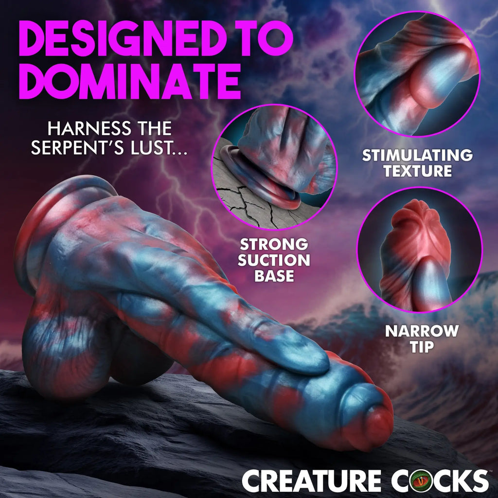 Creature Cocks Hydra X: A blue and red marbled silicone dildo with a textured surface, narrow tip, and suction cup base.