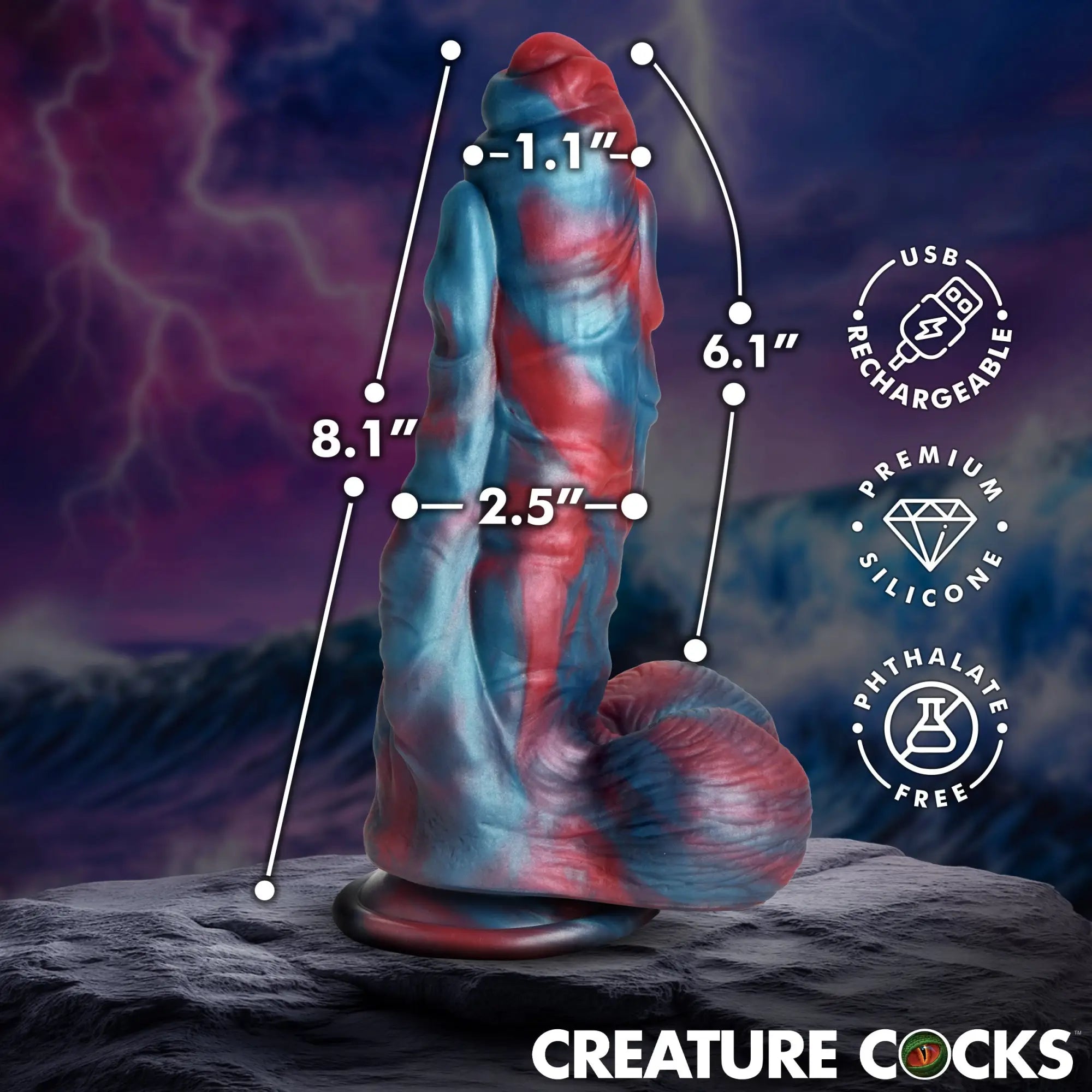 Creature Cocks Hydra X vibrating silicone dildo in red and blue marbled texture with sizing dimensions displayed.