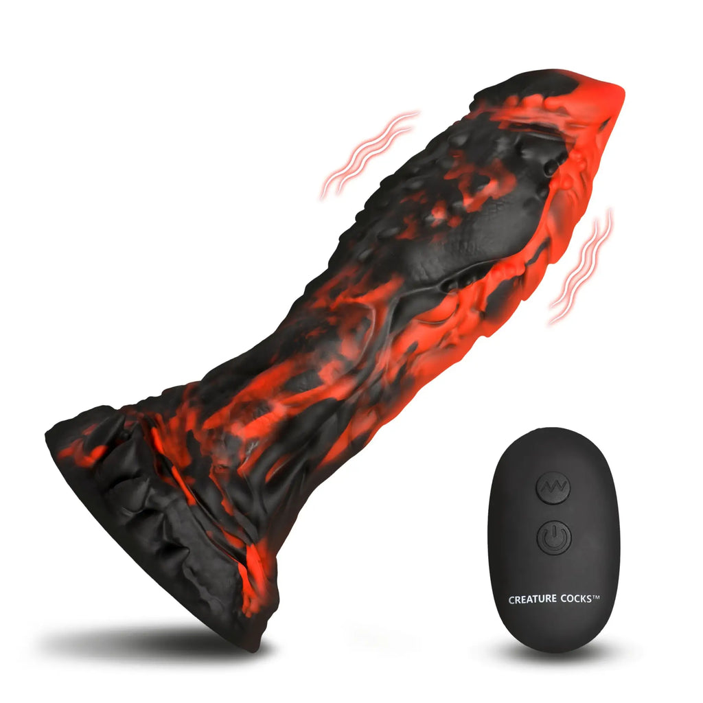 Creature Cocks Inferno: A textured, black-and-red marbled silicone vibrating dildo with a remote control.