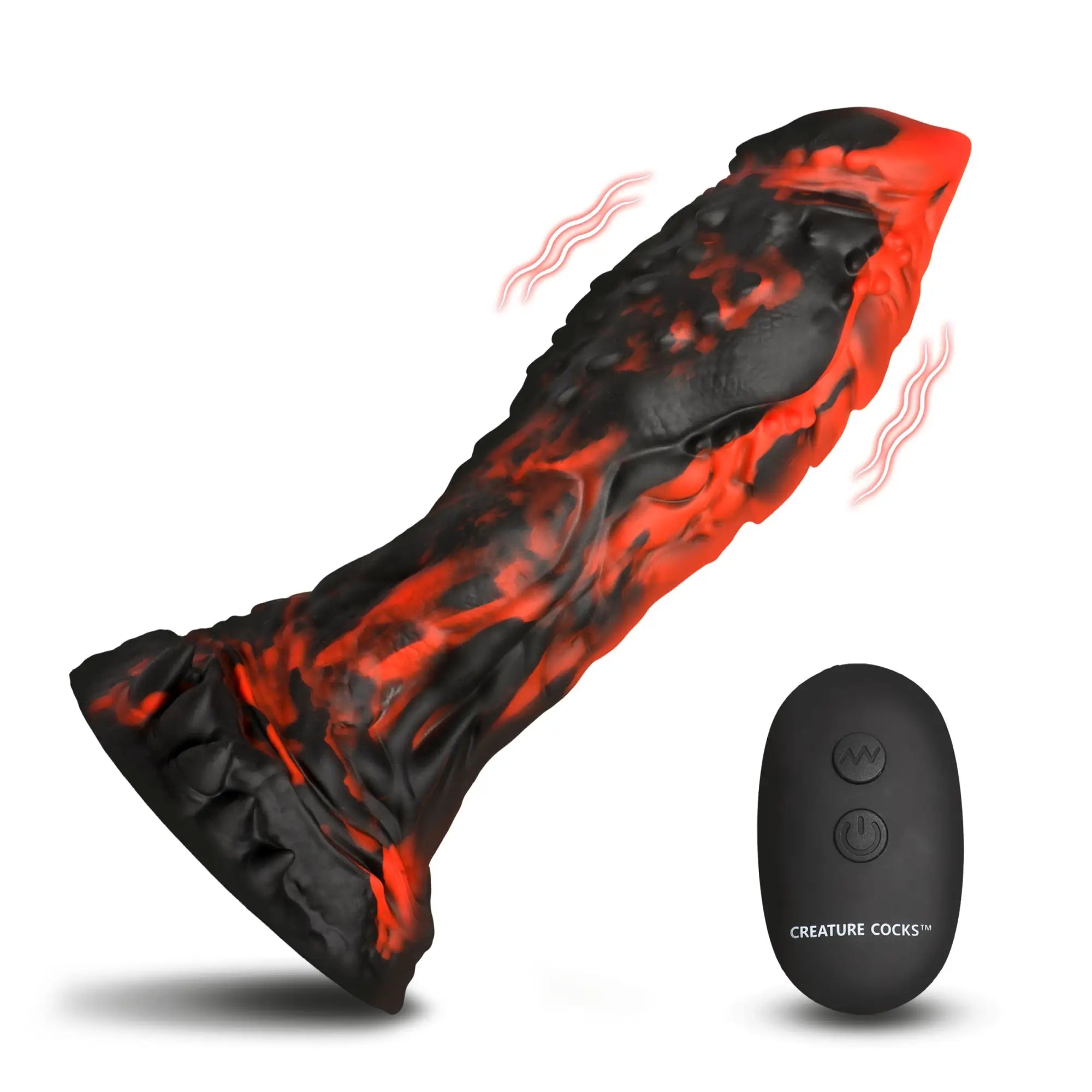 Creature Cocks Inferno: A textured, black-and-red marbled silicone vibrating dildo with a remote control.
