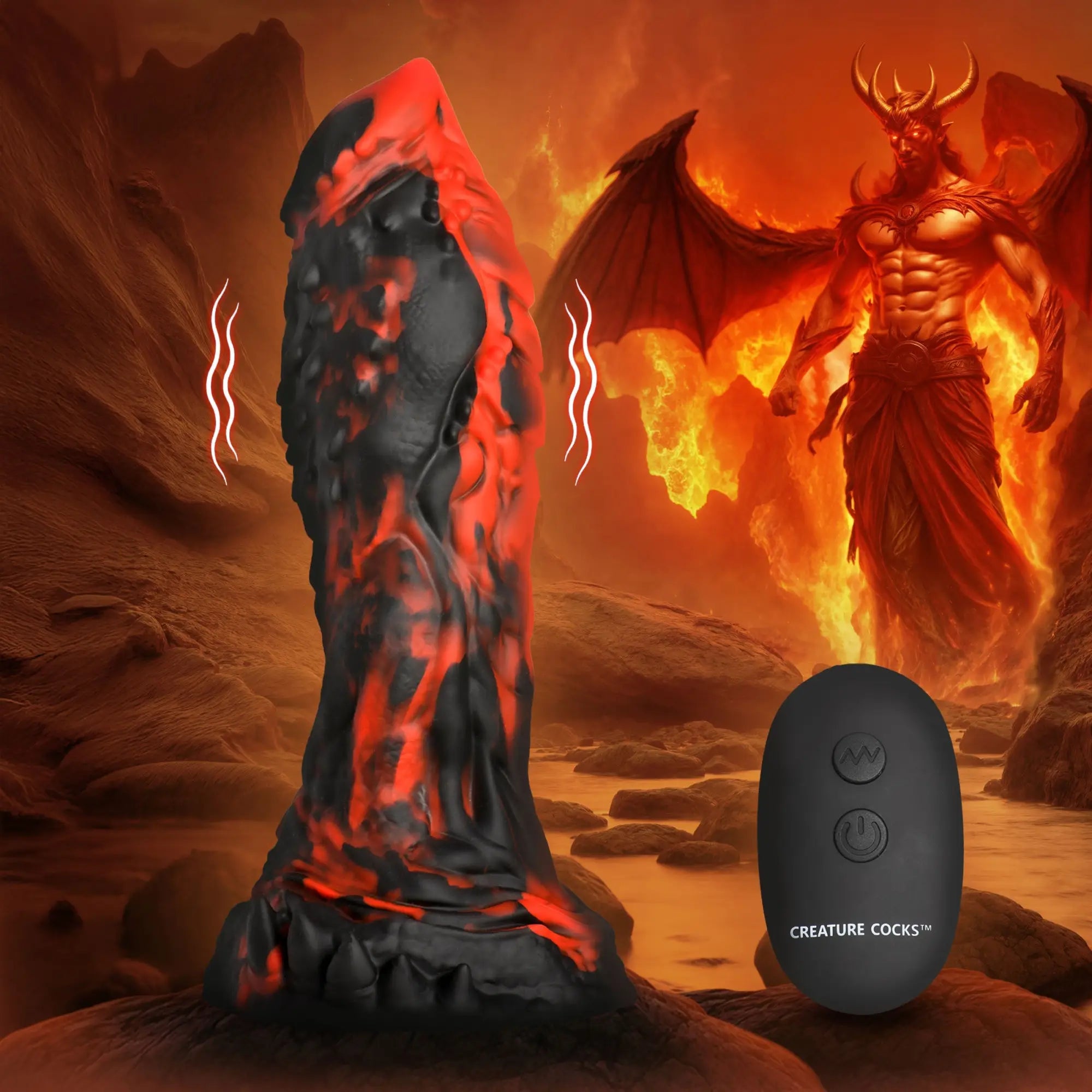 Creature Cocks Inferno: A black and red textured vibrating silicone dildo with a remote, set against a fiery landscape.