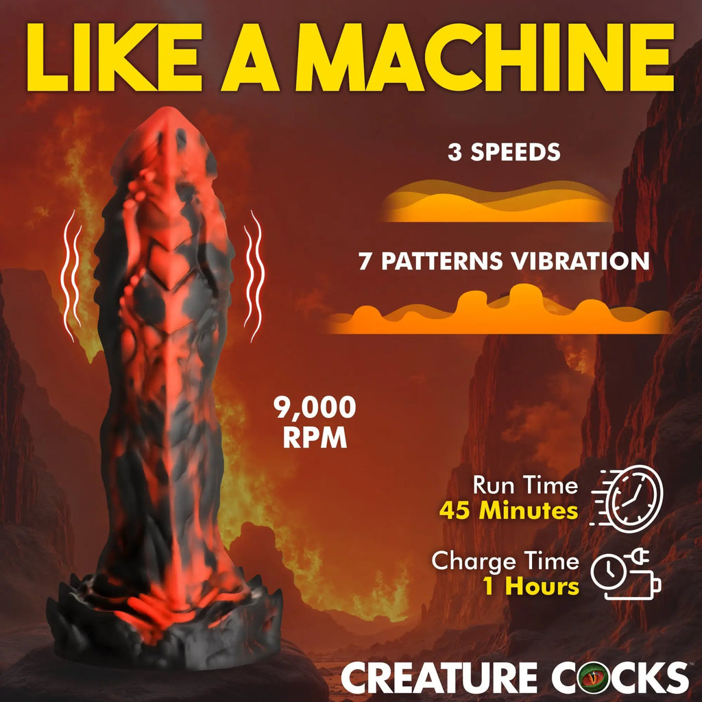 Creature Cocks Inferno: A textured, black and red vibrating silicone dildo set against a fiery, volcanic landscape.