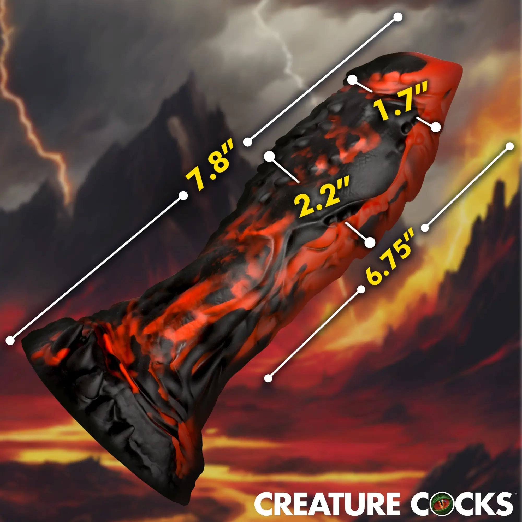 Creature Cocks Inferno vibrating silicone dildo in a black and red lava pattern with labeled product dimensions.