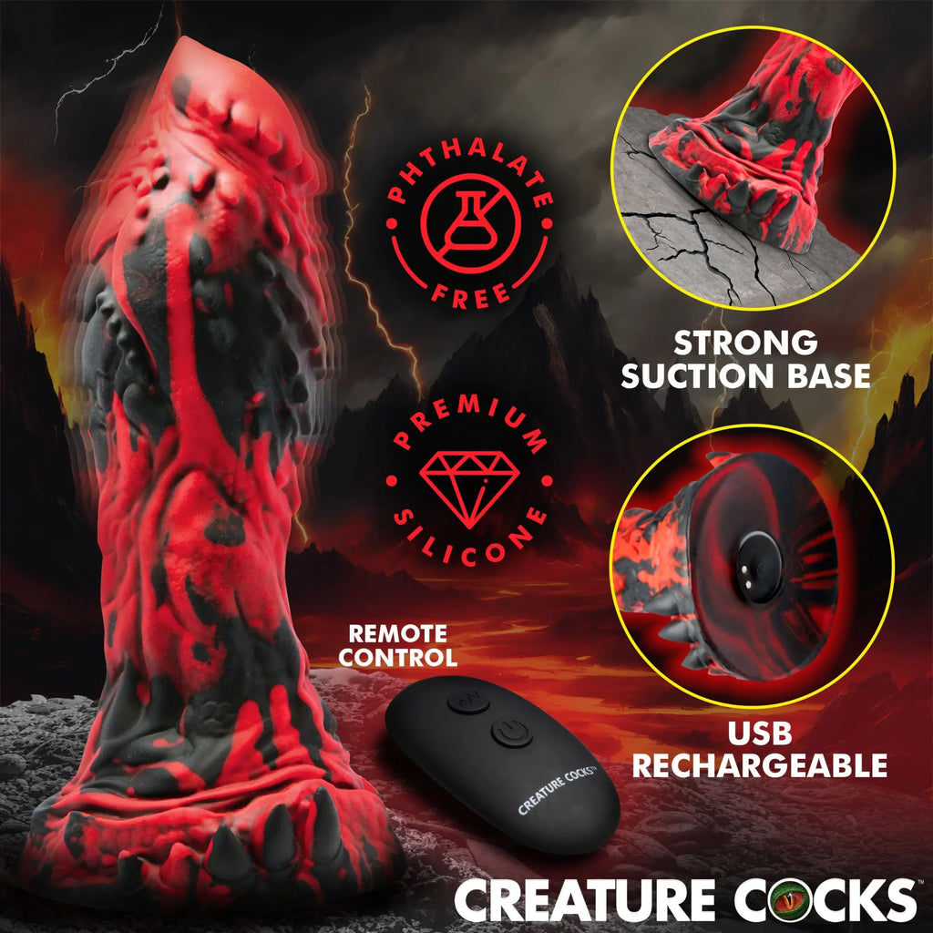 Creature Cocks Inferno: A red and black textured silicone dildo with a suction base, remote control, and USB charging.