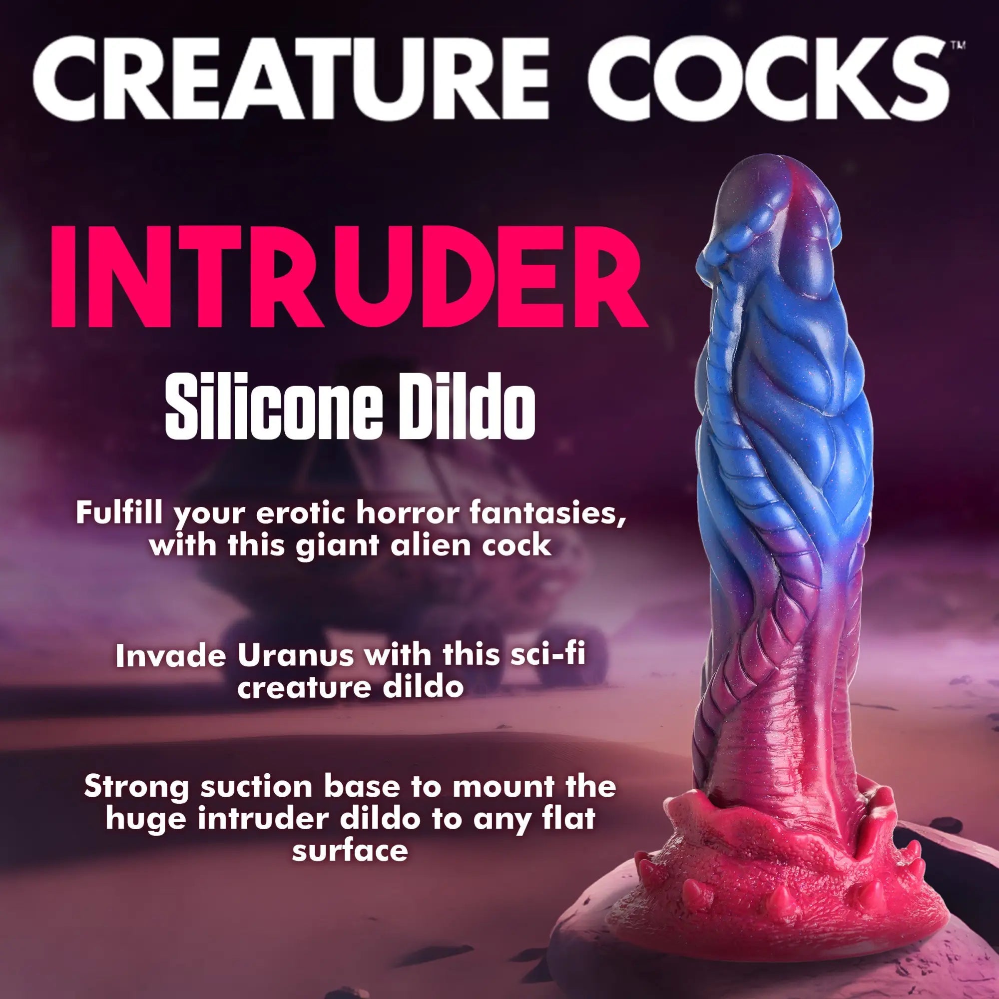 Creature Cocks Intruder silicone dildo in blue and purple with a textured, alien-inspired design and a pink suction base.