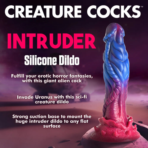 Creature Cocks Intruder silicone dildo in blue and purple with a textured, alien-inspired design and a pink suction base.