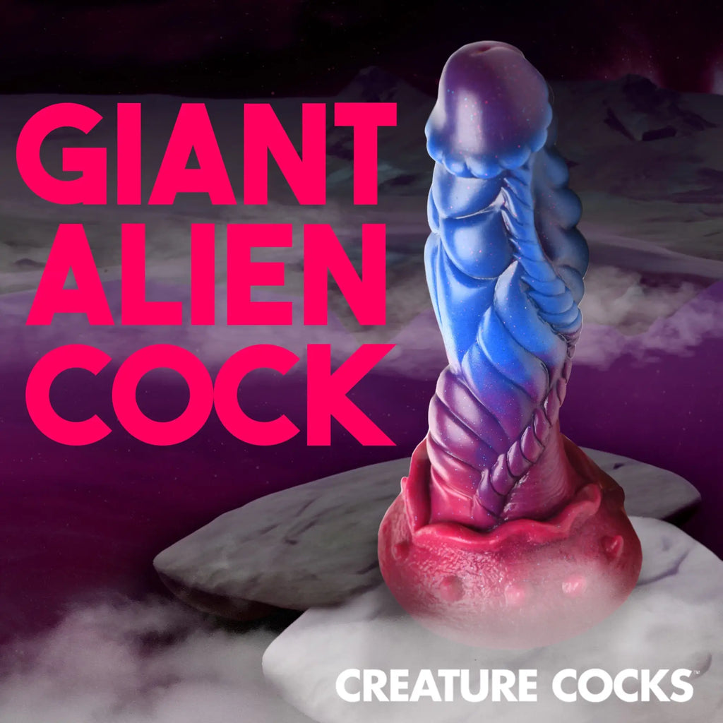 Creature Cocks Intruder silicone dildo in blue and purple, featuring a textured, alien-inspired ribbed design.