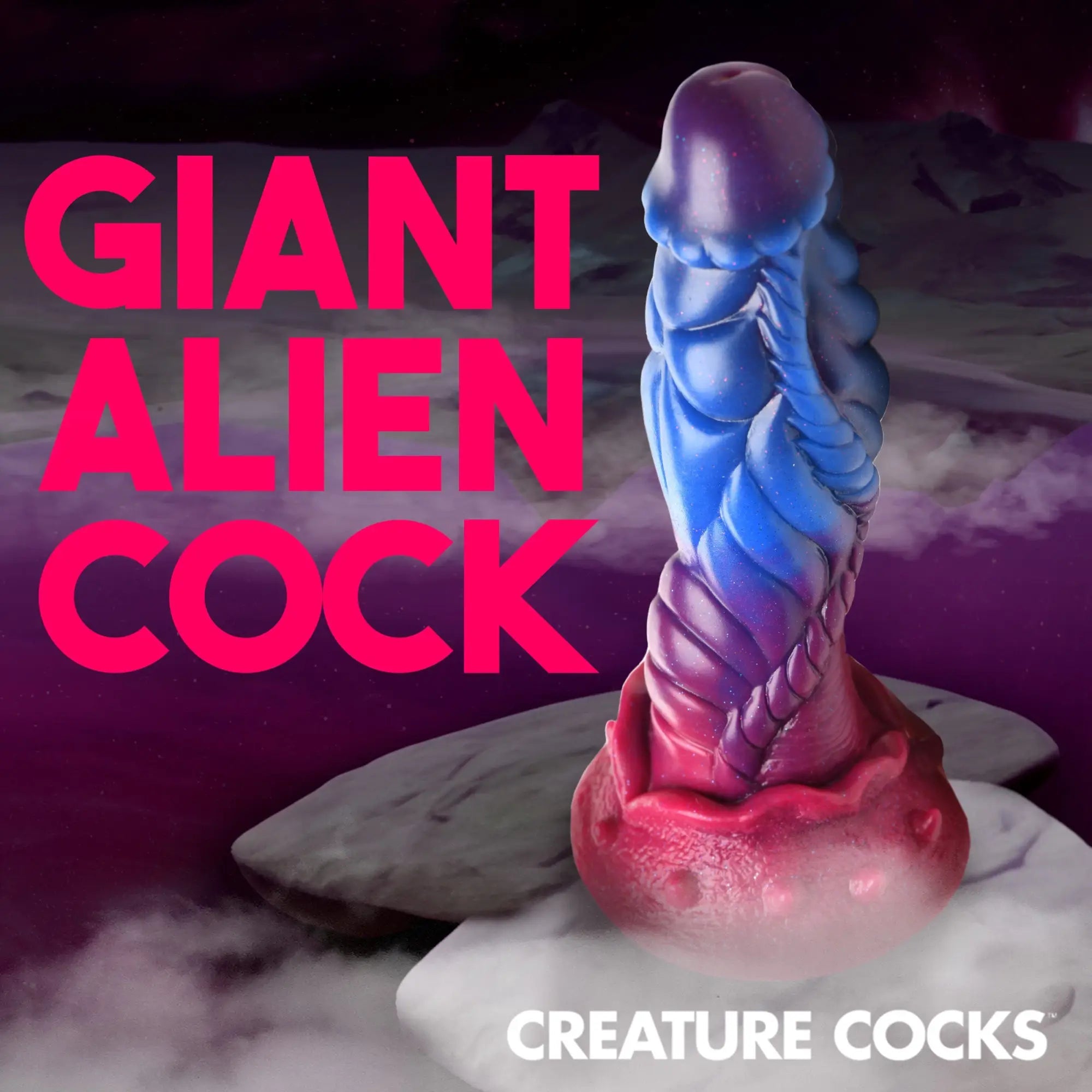 Creature Cocks Intruder silicone dildo in blue and purple, featuring a textured, alien-inspired ribbed design.