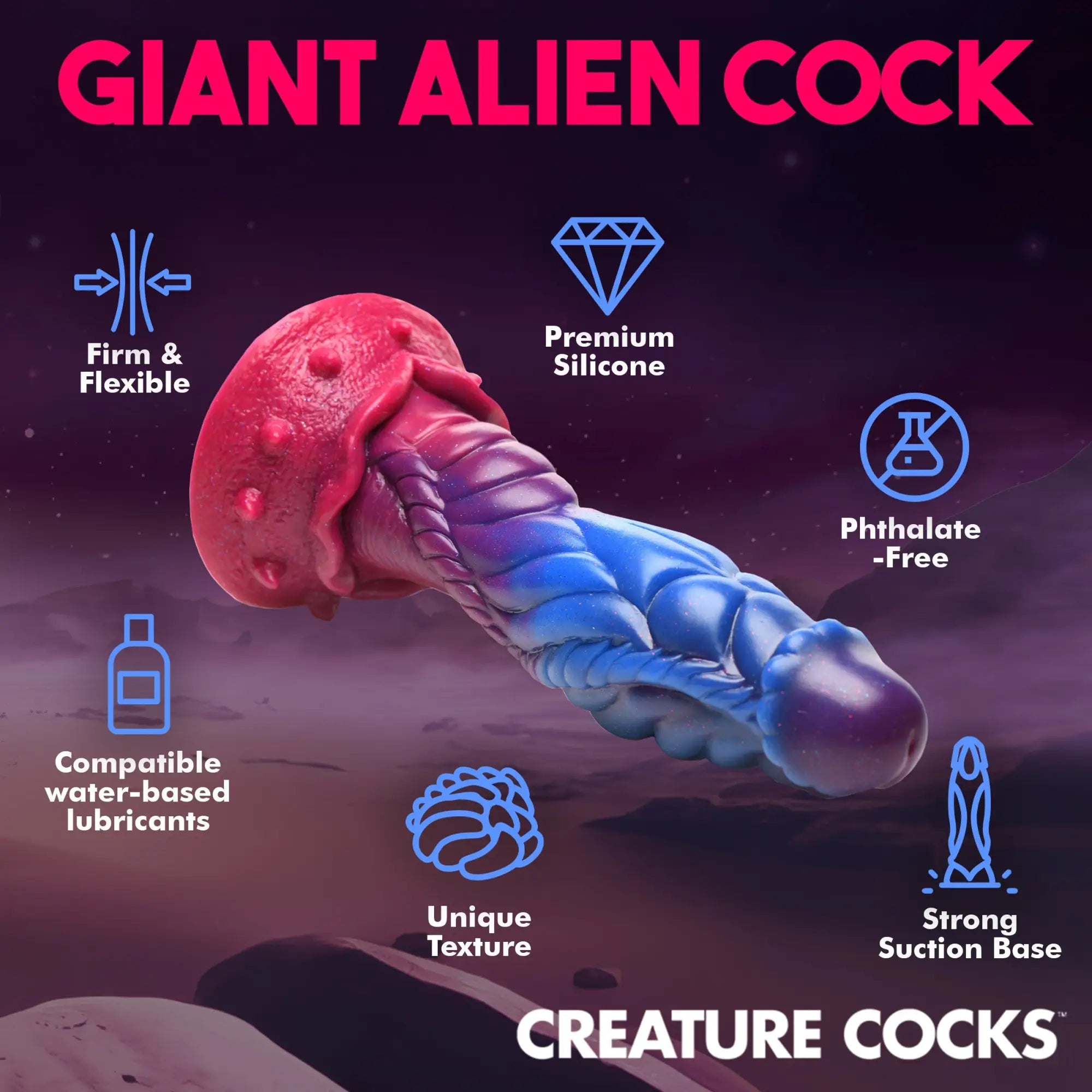 Creature Cocks Intruder Alien dildo in pink-to-blue gradient silicone with textured, ridged alien-inspired design.