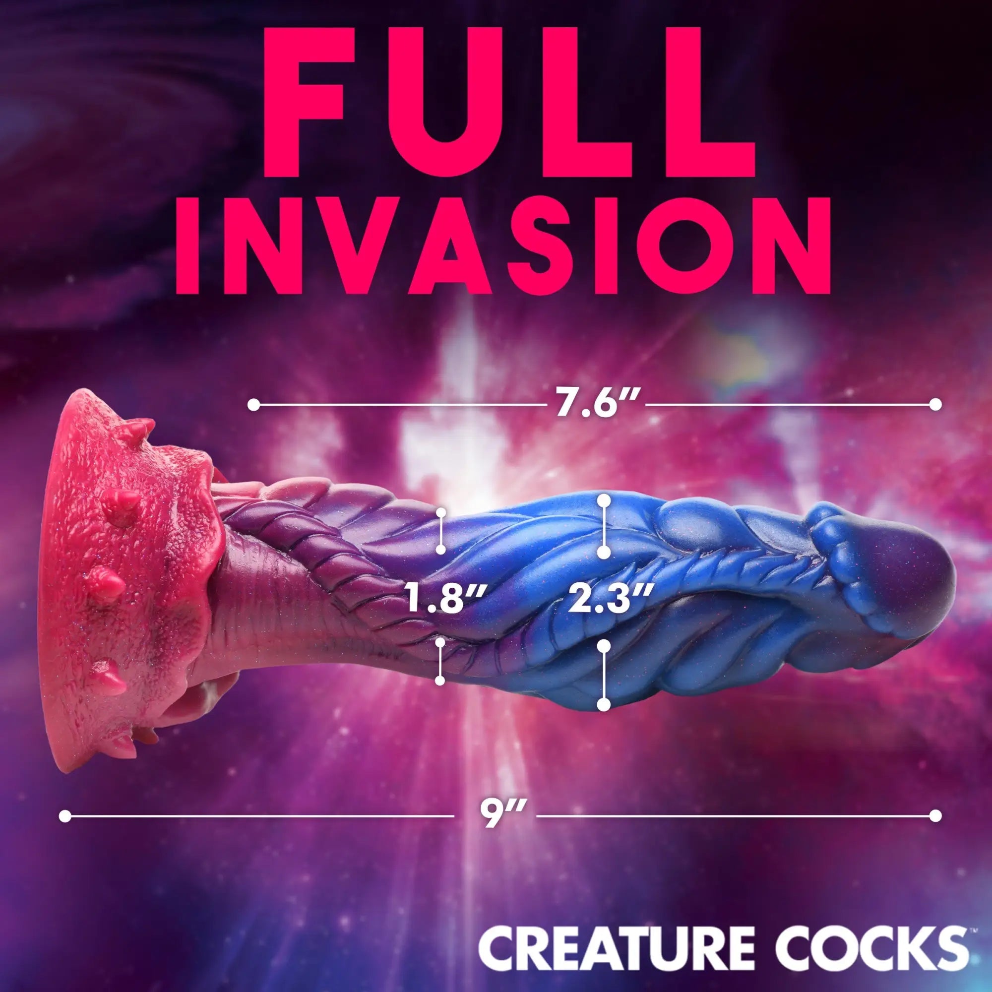 Creature Cocks Intruder silicone dildo: a pink-to-blue gradient alien-style toy with braided texture and measurements.