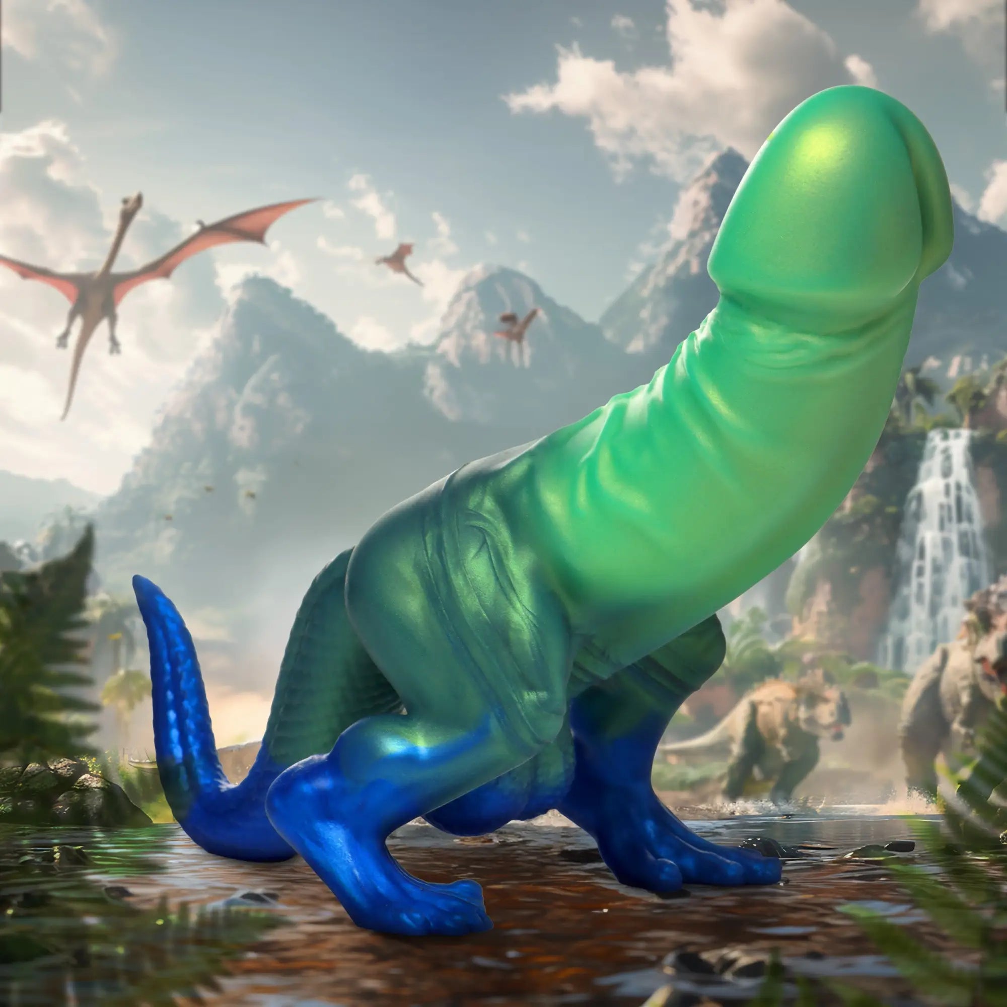 Creature Cocks Jurassic Cock silicone dildo in metallic green and blue, shaped like a dinosaur in a prehistoric setting.