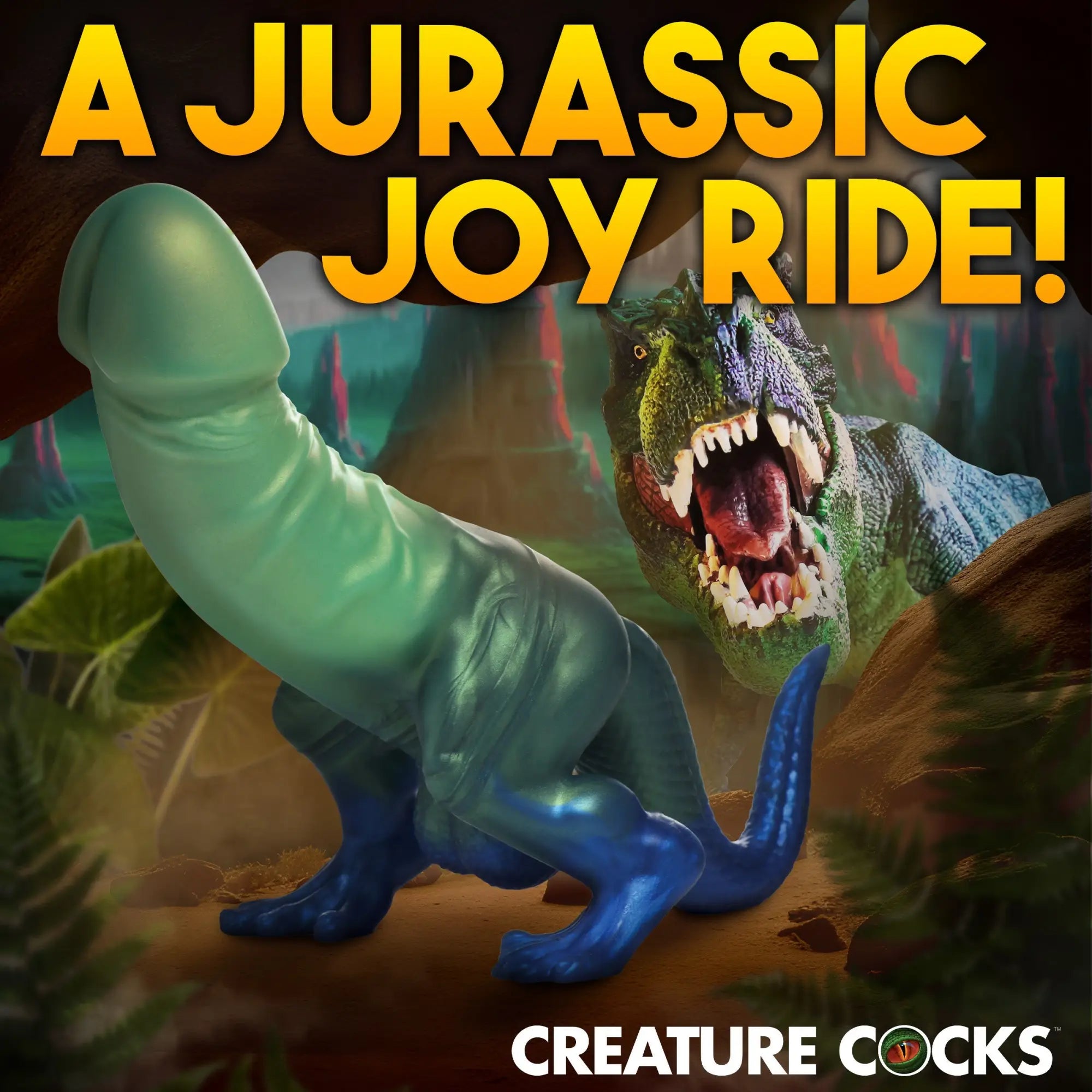 Creature Cocks Jurassic Cock silicone dildo in blue and green, set against a T-Rex jungle background.