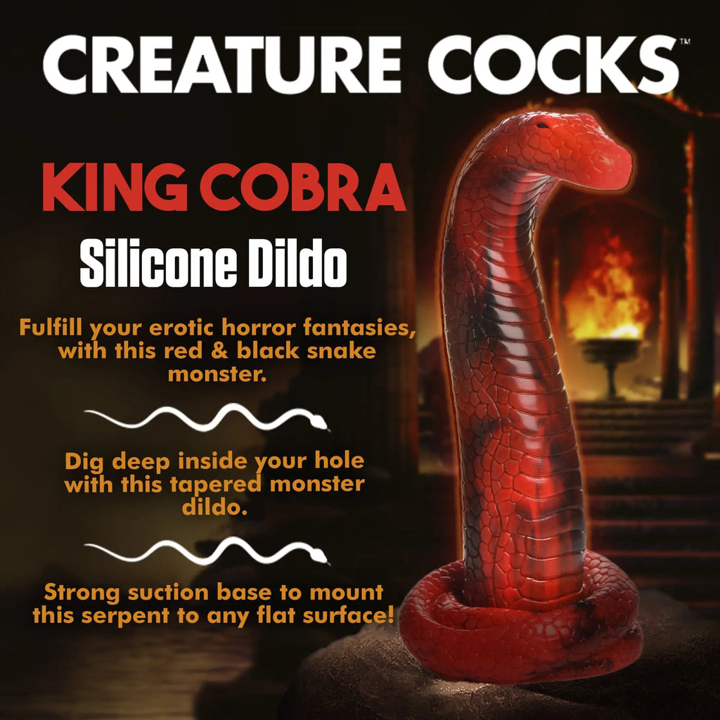 Creature Cocks King Cobra silicone dildo: a red and black, snake-shaped monster toy with a suction cup base.