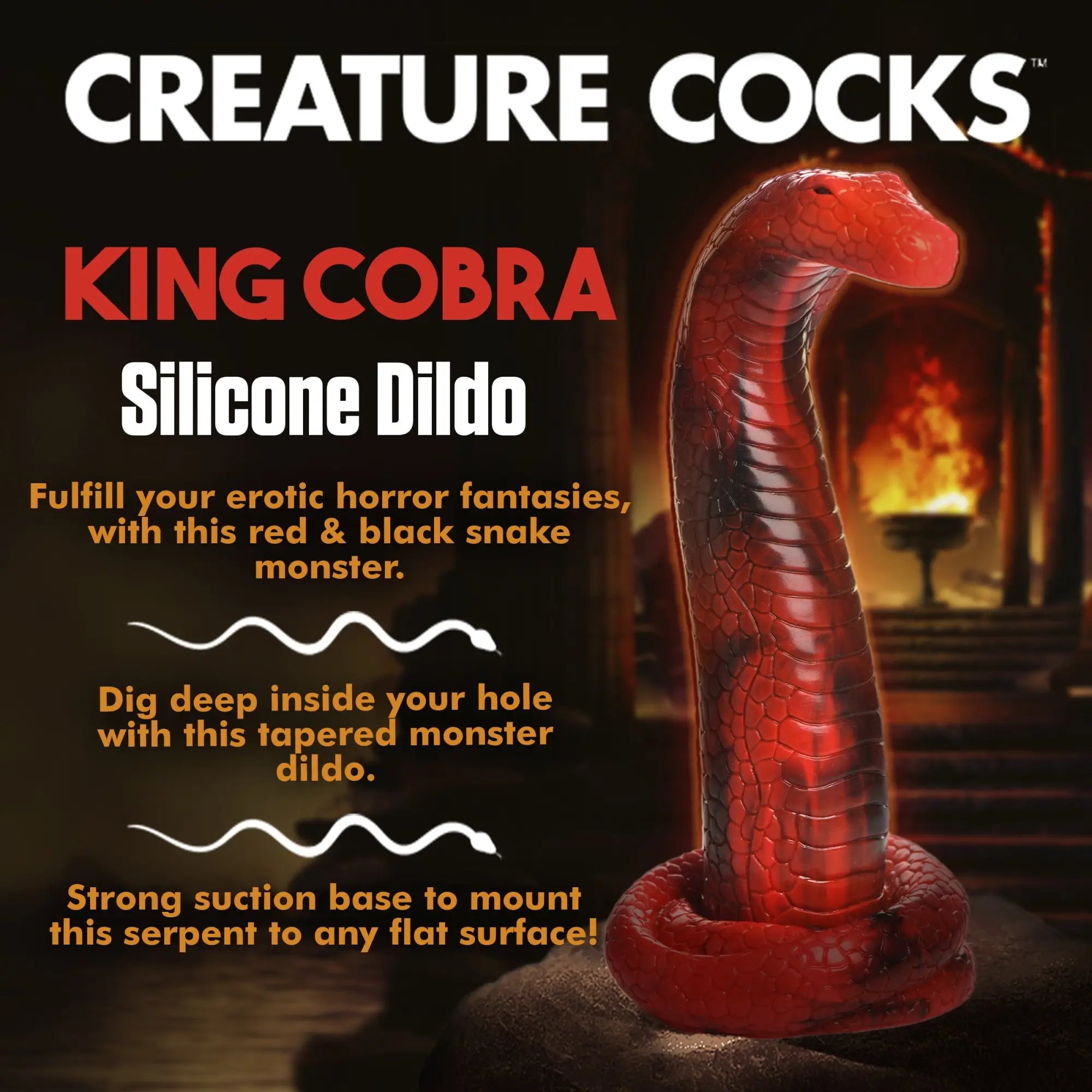 Creature Cocks King Cobra silicone dildo: a red and black, snake-shaped monster toy with a suction cup base.