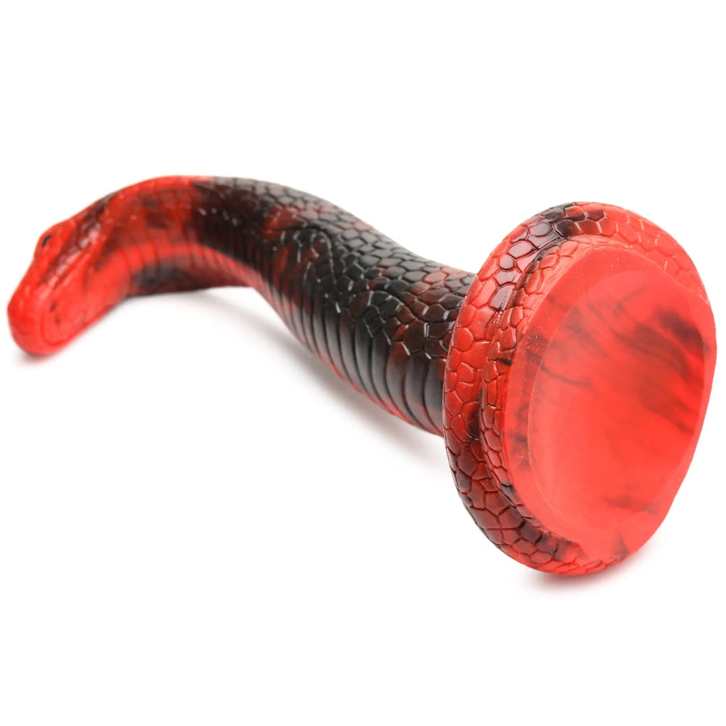 Creature Cocks King Cobra silicone dildo in a black and red marbled color scheme with realistic scale texturing.