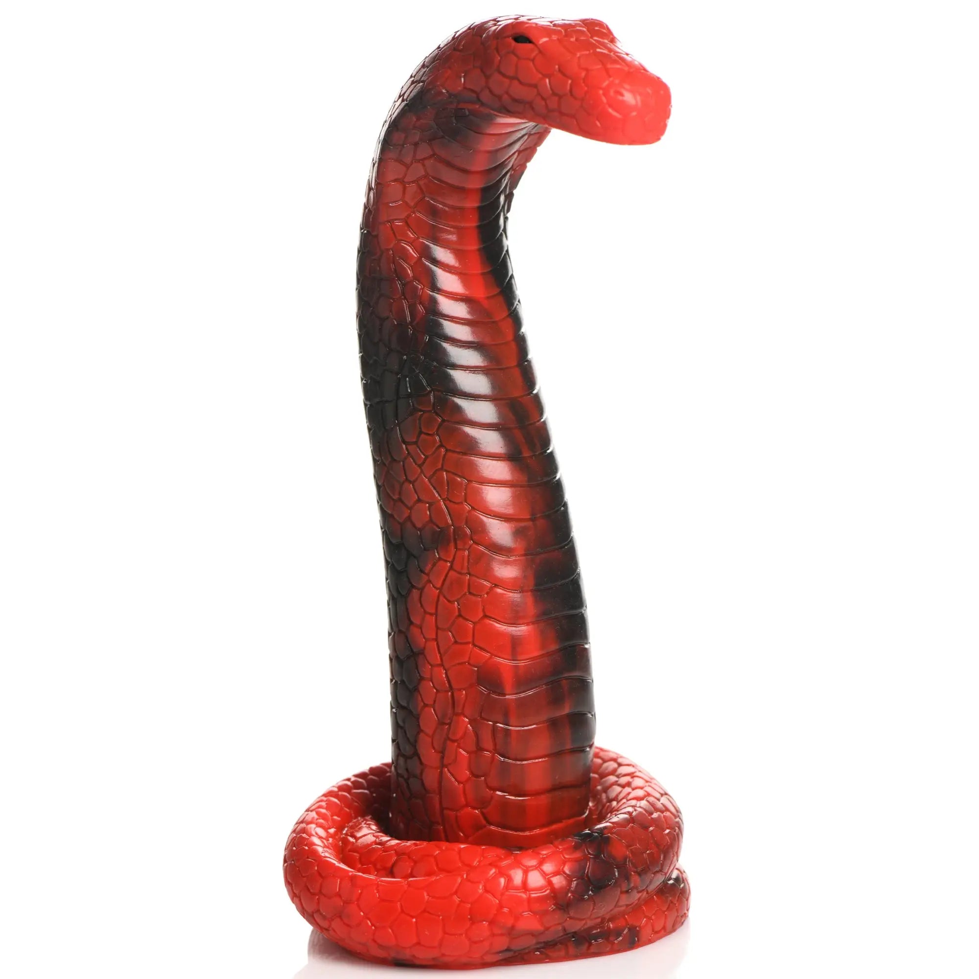 Creature Cocks King Cobra silicone dildo in red and black with realistic, textured snake scale details.