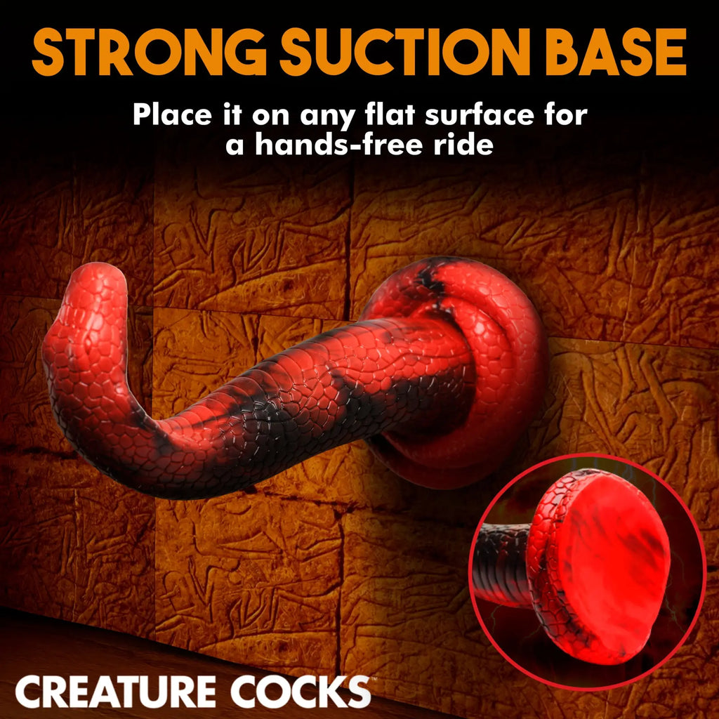 Creature Cocks King Cobra silicone dildo, red and black textured snake-style shaft, attached to a strong suction base.