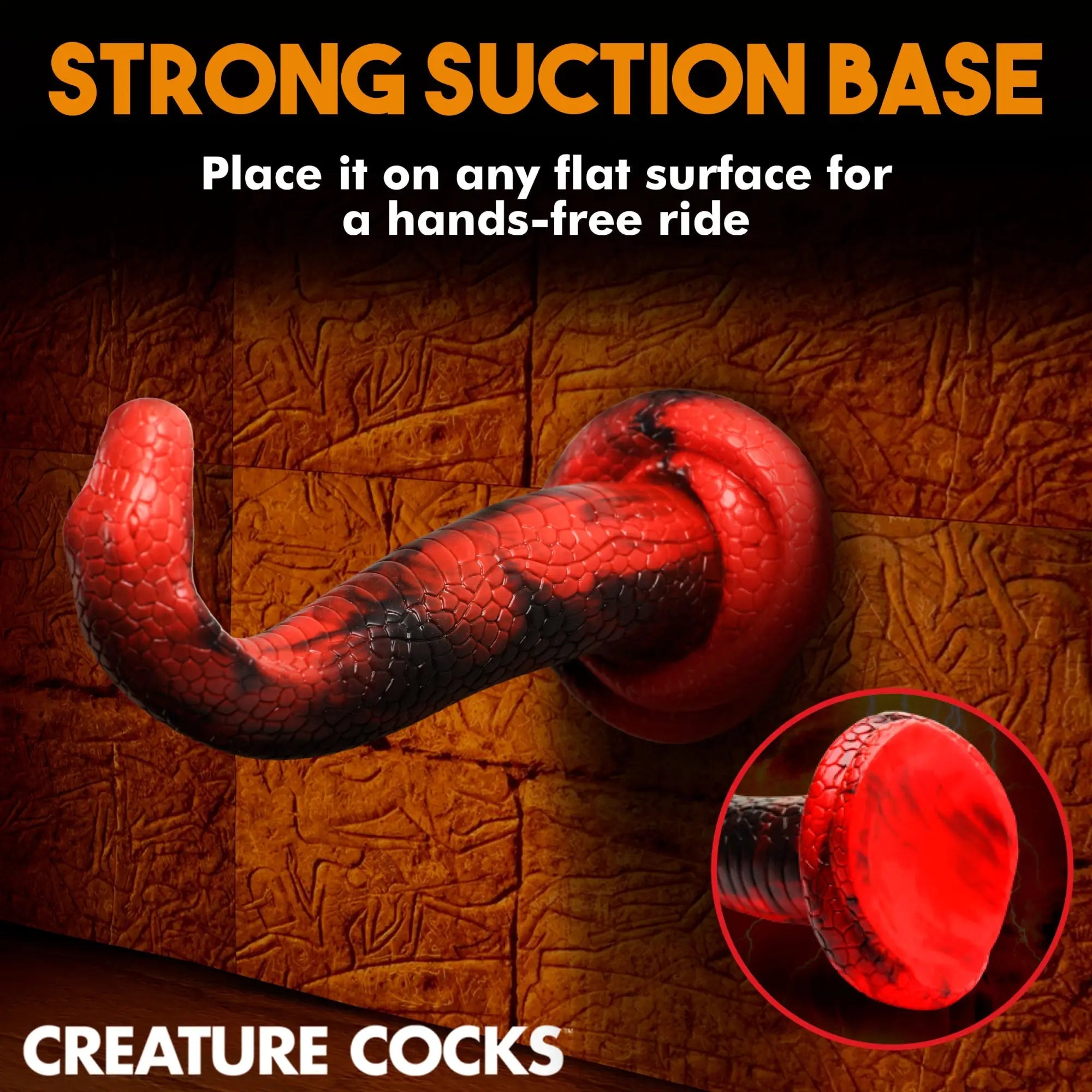 Creature Cocks King Cobra silicone dildo, red and black textured snake-style shaft, attached to a strong suction base.