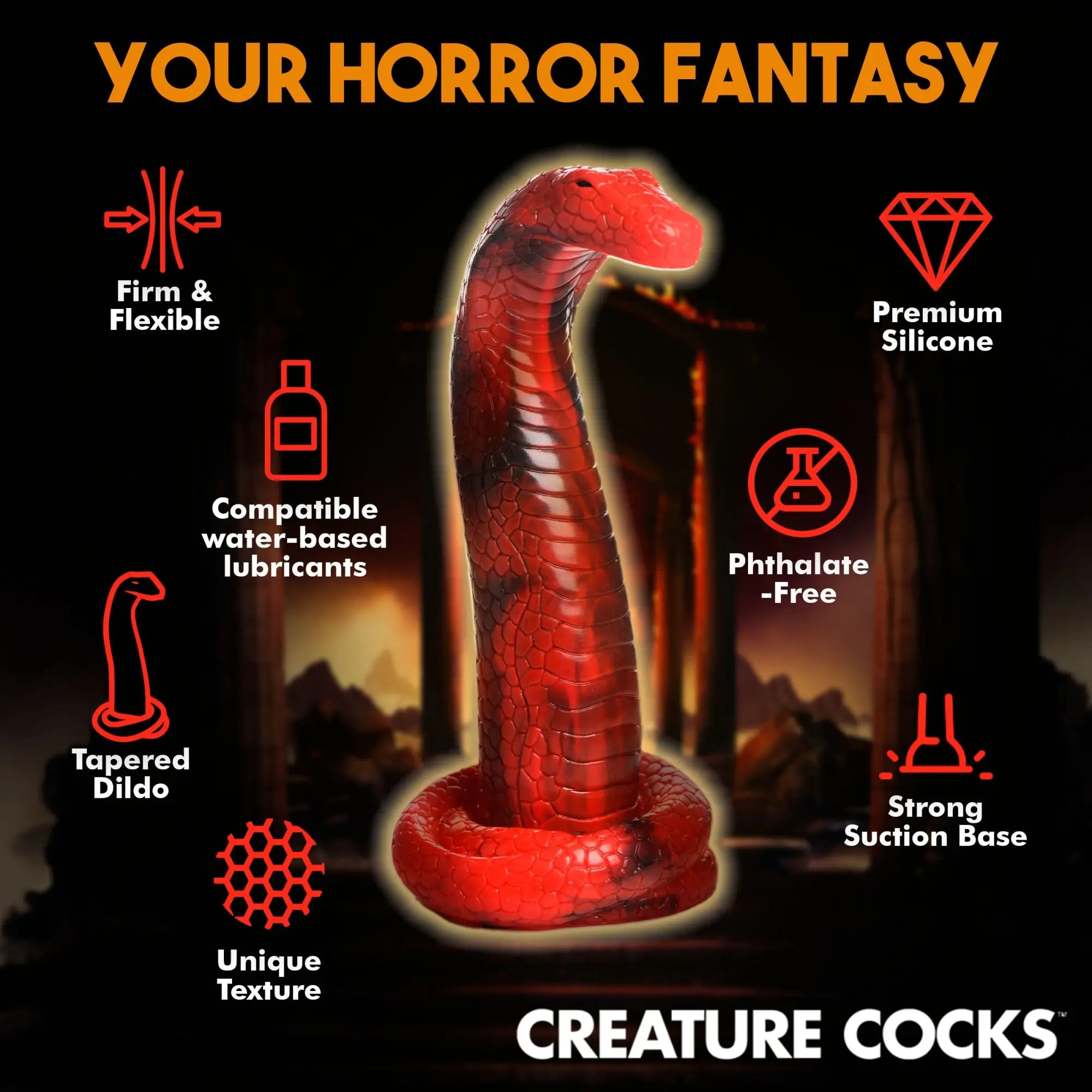 Creature Cocks King Cobra silicone dildo: a red, scaly snake-shaped dildo with a suction base and feature icons.