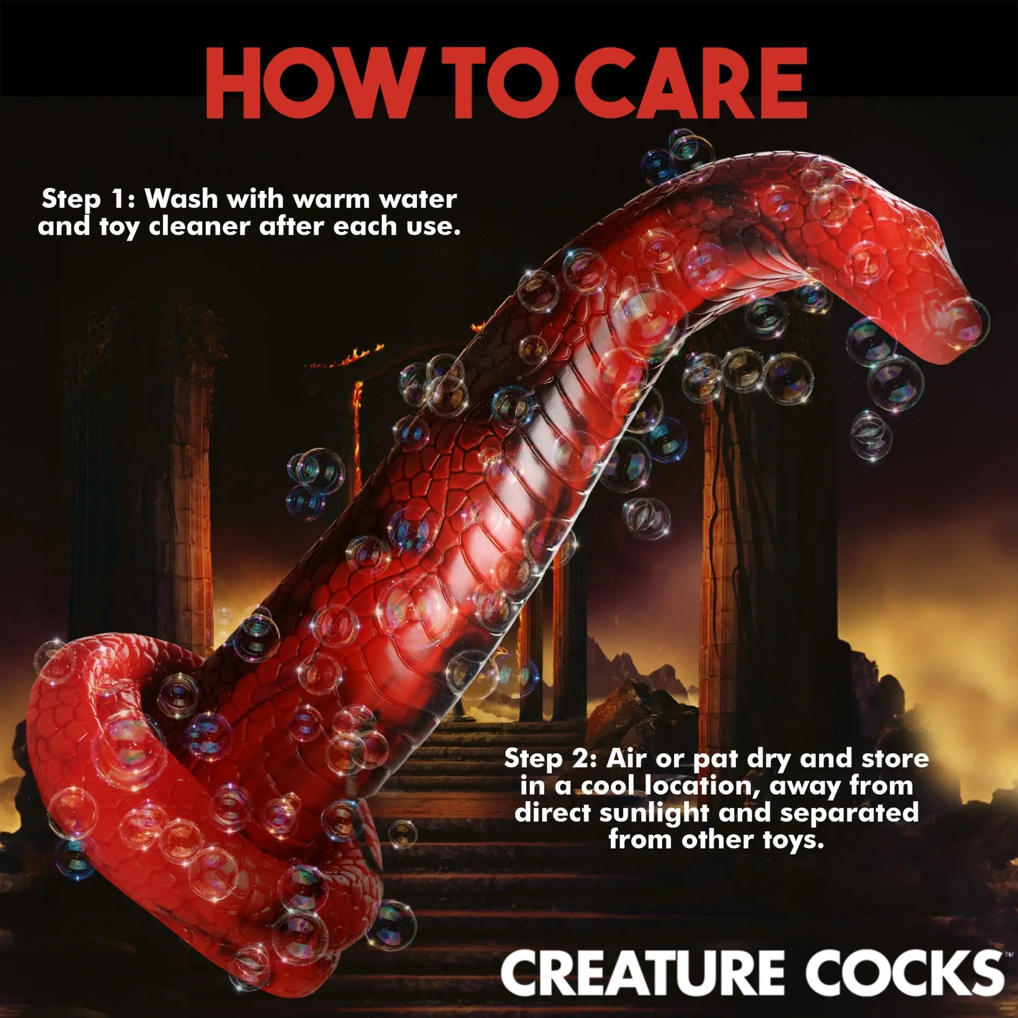 Creature Cocks King Cobra silicone dildo: a red, snake-textured phallic toy surrounded by bubbles on a dark background.