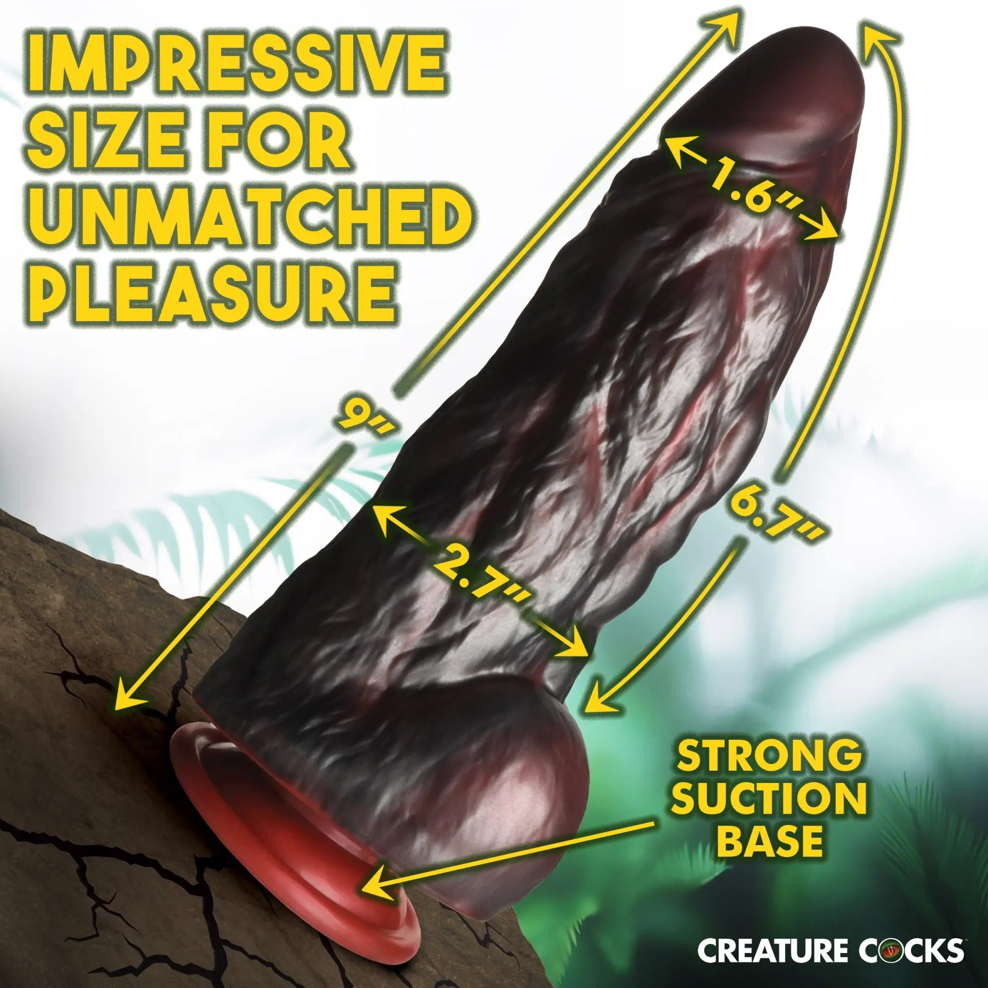 Dark brown, textured Creature Cocks King Kong silicone dildo with a red suction base and size measurements labeled.
